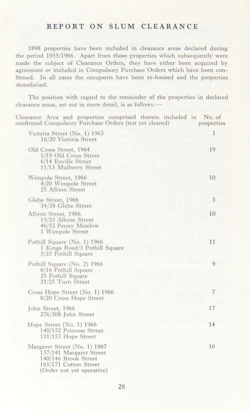 REPORT ON SLUM CLEARANCE 1898 properties have been included in clearance areas declared during the period 1955/1966. Apart from those properties which subsequently were made the subject of Clearance Orders, they have either been acquired by agreement or included in Compulsory Purchase Orders which have been con- firmed. In all cases the occupants have been re-housed and the properties demolished. The position with regard to the remainder of the properties in declared clearance areas, set out in more detail, is as follows:— Clearance Area and properties comprised therein included in No. of confirmed Compulsory Purchase Orders (not yet cleared) properties Victoria Street (No. 1) 1963 16/20 Victoria Street Old Cross Street, 1964 1/19 Old Cross Street 6/14 Enville Street 11/15 Mulberry Street Wimpole Street, 1966 4/20 Wimpole Street 25 Albion Street Glebe Street, 1966 34/38 Glebe Street Albion Street, 1966 15/23 Albion Street 46/52 Penny Meadow 1 Wimpole Street Pothill Square (No. 1) 1966 1 Kings Road/3 Pothill Square 5/23 Pothill Square Pothill Square (No. 2) 1966 6/16 Pothill Square 25 Pothill Square 21/25 Turn Street Cross Mope Street (No. 1) 1966 8/20 Cross Hope Street John Street, 1966 276/308 John Street Hope Street (No. 1) 1966 140/152 Princess Street 131/153 Hope Street Margaret Street (No. 1) 1967 137/141 Margaret Street 140/146 Brook Street 165/171 Cotton Street (Order not yet operative) 3 19 10 3 10 11 9 7 17 14 10