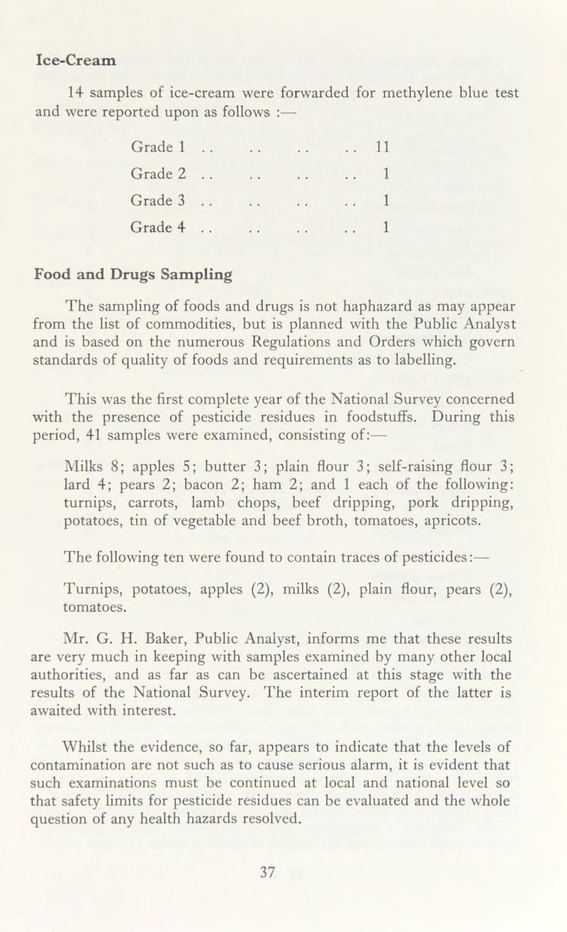 Ice-Cream 14 samples of ice-cream were forwarded for methylene blue test and were reported upon as follows :— Grade 1 Grade 2 . . Grade 3 .. Grade 4 .. 11 1 1 1 Food and Drugs Sampling The sampling of foods and drugs is not haphazard as may appear from the list of commodities, but is planned with the Public Analyst and is based on the numerous Regulations and Orders which govern standards of quality of foods and requirements as to labelling. This was the first complete year of the National Survey concerned with the presence of pesticide residues in foodstuffs. During this period, 41 samples were examined, consisting of:— Milks 8; apples 5; butter 3; plain flour 3; self-raising flour 3; lard 4; pears 2; bacon 2; ham 2; and 1 each of the following: turnips, carrots, lamb chops, beef dripping, pork dripping, potatoes, tin of vegetable and beef broth, tomatoes, apricots. The following ten were found to contain traces of pesticides:— Turnips, potatoes, apples (2), milks (2), plain flour, pears (2), tomatoes. Mr. G. H. Baker, Public Analyst, informs me that these results are very much in keeping with samples examined by many other local authorities, and as far as can be ascertained at this stage with the results of the National Survey. The interim report of the latter is awaited with interest. Whilst the evidence, so far, appears to indicate that the levels of contamination are not such as to cause serious alarm, it is evident that such examinations must be continued at local and national level so that safety limits for pesticide residues can be evaluated and the whole question of any health hazards resolved.