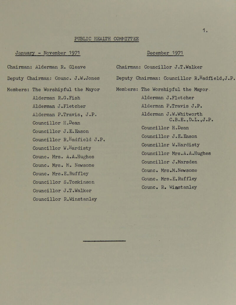 PUBLIC HEALTH COMMITTEE January - November 197! Chairman: Alderman R. Gleave Deputy Chairman: Counc. J.W.Jones Members: The Worshipful the Mayor Alderman R.G.Fish Alderman J.Fletcher Alderman P.Travis, J.P. Councillor H.Dean Councillor J.E.Eason Councillor R.Hadfield J.P. Councillor W.Hardisty Counc. Mrs. A.A.Hughes Counc. Mrs. M. Newsome Counc. Mrs.E.Ruffley Councillor S.Tomkinson Councillor J.T.Walker Councillor R.Winstanley December 197! Chairman: Councillor J.T.Walker Deputy Chairman: Councillor R.Hadfield,J.P. Members: The Worshipful the Mayor Alderman J.Fletcher Alderman P.Travis J.P. Alderman J.W.Whitworth C.B.E.,D.L.,J.P. Councillor H.Dean Councillor J.E.Eason Councillor W.Hardisty Councillor Mrs.A.A.Hughes Councillor J.Marsden Counc. Mrs.M.Newsome Counc. Mrs.E.Ruffley Counc. R. Wiastanley