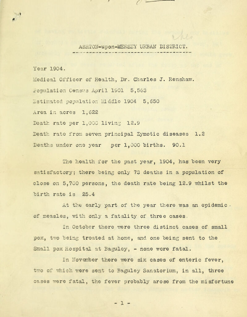 A % / ' ASHTOl'T-upon-MSKSSY UPiBAiT DISTRICT. Year 1904. Yedical Officer of Health, Dr. Charles J. Renshaw. fopalation Ce-nsr.s April 1901 5,563 Ystiriated population ICiddle 1904 5,650 Area in acres 1,622 Death rate per 1,000 livina; 12.9 Death rate from seven principal Zymotic diseases 1.2 Dea-ths i.inder one year per 1,000 hirths. 90.1 The health for the past year, 1904, has been very satisfactory; there being only 73 deaths in a population of close on 5,700 persons, the death rate Toeing 12.9 v/hilst the hirth rate is 25.4 At the early part of the year there was an epidemic . of measles, v/ith only a fatality of three cases- In October there were three distinct cases of small pox, two Toeing treated at home, and one Toeing sent to the Small pox Hospital at Baguley, - none were fatal. In ITovomloer there iiero six cases of enteric fever, two of which were sent to Baguley Sanatorium!, in all, three cases were fatal, the fever probably arose from the misfortune 1