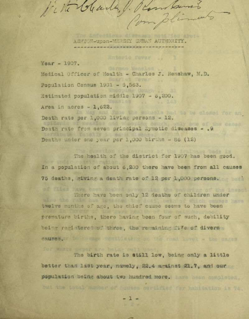 Year - 1907. Medical Officer of Health - Cliarles J. Henshaw, M.D. Population Census 1901 - 3,563. jJ-stimated population jrid.ile 1907 -- 6,200. Area in acres - 1,622. .Death rate per 1,000 livin;:^ persona - 12. Death rate fro.'n seven principal -Oymotic diseases - .9 Deaths under one ear per 1,000 hir whs ~ 66 (12) The health of the district for 1907 has heen good. In a population of about 6,2vjD there liave been from all causes 75 deaths, viving a death rate of 12 per 1,000 persons. T’lcre have been only 12 deaths of children under twelve '^^ront.-'S o'' , tho chief cause seems to have been premature births, there having been four of such, debility bein-' ro-i •tere of three, the remaining fi'^e of divers cau!?es. The birth rate is ttill low, being only a little better than last year, namely, 22.4 against 21.7, and our population being about two hundred more. 1 -