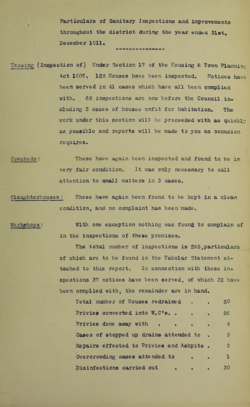 Particulars of Sanitary Inspections and improvements throughout the district during the year endea Slst^ Decemher 1911* Housing (inep^-eption of) Under Section 1^ of the Housing & Town Planning Act 1909. 158 Houses have been inspected, Hotices have been served in 41 cases v/hich have all been pomplied with. 68 inspections are nov/ before the Council in- cluding 6 cases of houses unfit for habitation. The worh under this section -wil] be proceeded with as quichly as posiible and reports will be made to you as occasion re q.uire s. Cowsheds : These have again been inspected and found to be in very fair condition. It was only necessary to call attention to small matters in 5 cases. Slaughterhouses: These have again been found to be hept in a clean condition, and no complaint has been made. Wcrhshops : With one exception nothing v/as foun|L to complain of in the inspections of these premises^ The total number of inspections is S65,particulars of which are to be found in the Tabular Statement at- tached to this report. In connection v/ith these in- spections 37 notices have been served, of which 32 have been complied with, the remainder are in hand. Total number of Houses re drained . . 20 Privies converted into W. C’s. . , . 26 Privies done away with ...» 4 Cases of stopped up drains attended to , 3 Repairs effected to Privies and Ashpits , 5 Overcrowding oases attended to . . 1 Disinfections carried out 30