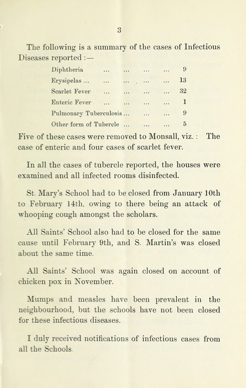 3 The following is a summary of the cases of Infectious Diseases reported : — Diphtheria 9 Erysipelas ... ... ... . ... ... 13 Scarlet Fever ... 32 Enteric Fever 1 Pulmonaiy Tuberculosis ... 9 Other form of Tubercle ... 5 Five of these cases were removed to Monsall, viz. : The case of enteric and four cases of scarlet fever. In all the cases of tubercle reported, the houses were examined and all infected rooms disinfected. St. Mary’s School had to be closed from January 10th to February 14th, owing to there being an attack of whooping cough amongst the scholars. All Saints’ School also had to be closed for the same cause until February 9th, and S. Martin’s was closed about the same time. All Saints’ School was again closed on account of chicken pox in November. Mumps and measles have been prevalent in the neighbourhood, but the schools have not been closed for these infectious diseases. I duly received notifications of infectious cases from all the Schools.