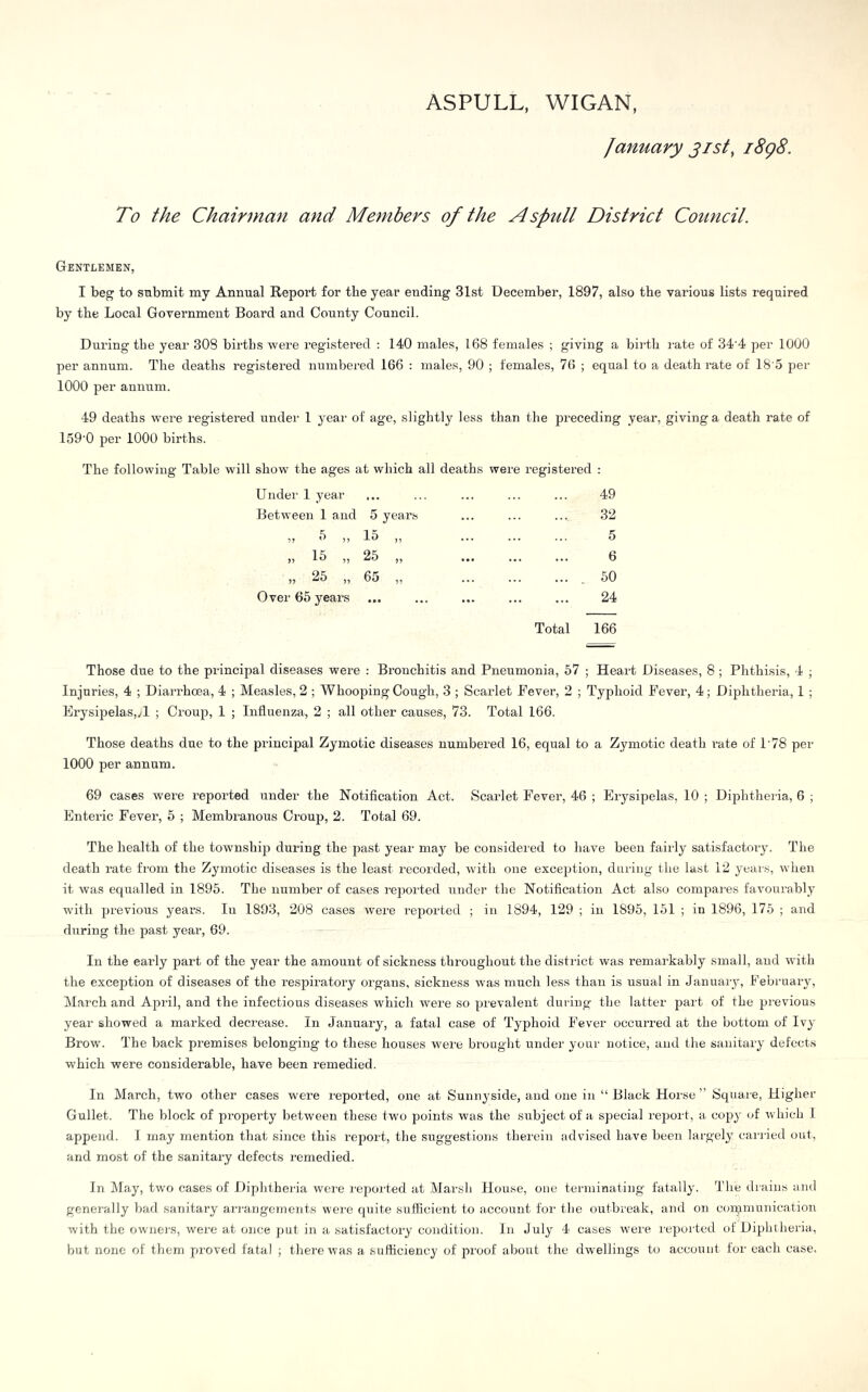 ASPULL, WIGAN, January 31st, i8g8. To the Chairman and Members of the Aspull District Council. Gentlemen, I beg to submit my Annual Report for the year ending 31st December, 1897, also the various lists required by the Local Government Board and County Council. During the year 308 births were registered : 140 males, 168 females ; giving a birth I’ate of 34'4 per 1000 per annum. The deaths registered numbei’ed 166 : males, 90 ; females, 76 ; equal to a death rate of 18'5 per 1000 per annum. 49 deaths were registered under 1 yeai' of age, slightly less than the preceding year, giving a death rate of 159'0 per 1000 births. The following Table will show the ages at which all deaths were registered : Under 1 year 49 Between I and 5 yearfe 32 „ h „ 15 „ 5 „ 15 „ 25 „ ... ... 6 )) 25 „ 65 „ 50 Over 65 years ... 24 Total 166 Those due to the principal diseases were : Bronchitis and Pneumonia, 67 ; Heart Diseases, 8 ; Phthisis, 4 ; Injuries, 4 ; Diarrhoea, 4 ; Measles, 2 ; Whooping Cough, 3 ; Scarlet Fever, 2 ; Typhoid Fever, 4; Diphtheria, 1 ; Erysipelas,/I ; Croup, 1 ; Influenza, 2 ; all other causes, 73. Total 166. Those deaths due to the principal Zymotic diseases numbered 16, equal to a Zymotic death rate of P78 per 1000 per annum. 69 cases were reported under the Notification Act. Scarlet Fever, 46 ; Erysipelas, 10 ; Diphtheria, 6 ; Enteric Fever, 5 ; Membranous Croup, 2. Total 69. The health of the township during the past year may be considered to have been fairly satisfactoiy. The death rate from the Zymotic diseases is the least recorded, with one exception, during the last 12 years, when it was equalled in 1895. The number of cases reported under the Notification Act also compares favourably with previous years. lu 1893, 208 cases were reported ; in 1894, 129 ; in 1895, 151 ; in 1896, 175 ; and during the past year, 69. In the ear’ly part of the year the amount of sickness throughout the district was remarkably small, and with the exception of diseases of the respiratory organs, sickness was much less than is usual in January, February, IMarch and April, and the infectious diseases which were so prevalent during the latter part of the pi’evious year showed a marked decrease. In January, a fatal case of Typhoid Fever occurred at the bottom of Ivy- Brow. The back premises belonging to these houses were brought under your notice, and the sanitary defects which were considerable, have been remedied. In March, two other cases were reported, one at Sunnyside, and one in “ Black Horse” Square, Higher Gullet. The block of property between these two points was the subject of a special report, a copy of which I append. 1 may mention that since this rej^ort, the suggestions therein advised have been largely cariied out, and most of the sanitary defects remedied. In Jlay, two cases of Diphtheiia were j/eported at Marsli House, one terminating fatally. The drains and genei’ally ba,d sanitary arrangements were quite sufficient to account for the outbreak, and on coipmunication with the ownei'S, were at once put in a satisfactory condition. In July 4 cases were reported of Diphtheria, but none of them proved i'ata) ; there was a sufficiency of proof about the dwellings to account for each case.