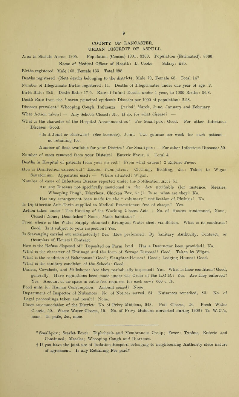 COUNTY OF LANCASTER. URBAN DISTRICT OF ASPULL. Area in Statute Acres: 1905. Population (Census) 1901: 8380. Population (Estimated): 8380. Name of Medical Officer of Health: L. Cooke. Salary: £35. Births registered: Male 165, Female 133. Total 298. Deaths registered: (Nett deaths belonging to the district): Male 79, Female 68. Total 147. Number of Illegitimate Births registered: 11. Deaths of Illegitimates under one year of age: 2. Birth Rate: 35.5. Death Rate: 17.5. Rate of Infant Deaths under 1 year, to 1000 Births: 34.8. Death Rate from the * seven principal epidemic Diseases per 1000 of population: 2.98. Diseases prevalent? Whooping Cough, Influenza. Period? March, June, January and February. What Action taken? — Any Schools Closed? No. If so, for what disease? — What is the character of the Hospital Accommodation ? For Small-pox: Good. For other Infectious Diseases: Good. f Is it Joint or otherwise ? (See footnote). Joint. Two guineas per week for each patient— no retaining fee. Number of Beds available for your District? For Small-pox: -— For other Infectious Diseases: 50. Number of cases removed from your District? Enteric Fever. 4. Total 4. Deaths in Hospital of patients from your district 1 From what causes? 2 Enteric Fever. How is Disinfection carried out? Houses: Fumigation. Clothing, Bedding, &c.: Taken to Wigan Sanatorium. Apparatus used? — Where situated? Wigan. Number of cases of Infectious Disease reported under the Notification Act? 51. Are any Diseases not specifically mentioned in the Act notifiable (for instance, Measles, Whooping Cough, Diarrhoea, Chicken Pox, &c.)? It so, what are they? No. Has any arrangement been made for the “ voluntary  notification of Phthisis? No. Is Diphtheritic Anti-Toxin supplied to Medical Practitioners free of charge? Yes. Action taken under “The Housing of the Working Classes Acts : No. of Houses condemned, None; Closed? None; Demolished? None; Made habitable? — From where is the Water Supply obtained? Rivington Water shed, via Bolton. What is its condition? Good. Is it subject to your inspection? Yes. Is Scavenging carried out satisfactorily ? Yes. How performed: By Sanitary Authority, Contract, or Occupiers of Houses? Contract. How is the Refuse disposed of? Deposited on Farm land. Has a Destructor been provided? No. What is the character of Drainage and the form of Sewage Disposal? Good. Taken by Wigan. What is the condition of Bakehouses? Good; Slaughter-Houses? Good; Lodging Houses? Good. What is the sanitary condition of the Schools: Good. Dairies, Cowsheds, and Milkshops : Are they periodically inspected ? Yes. What is their condition ? Good, generalty. Have regulations been made under the Order of the L.G.B.? Yes. Are they enforced? Yes. Amount of air space in cubic feet required for each cow? 600 c. ft. Food unlit for Human Consumption. Amount seized? None. Department of Inspector of Nuisances: No. of Notices served, 84. Nuisances remedied, 82. No. of Legal proceedings taken and result ? None. Closet accommodation of the District: No. of Privy Middens, 943. Pail Closets, 24. Fresh Water Closets, 50. Waste Water Closets, 15. No. of Privy Middens converted during 1908? To W.C.’s, none. To pails, &c., none. * Small-pox; Scarlet Fever; Diphtheria and Membranous Croup; Fever: Typhus, Enteric and Continued; Measles; Whooping Cough and Diarrhoea, f If you have the joint use of Isolation Hospital belonging to neighbouring Authority state nature of agreement. Is any Retaining Fee paid?