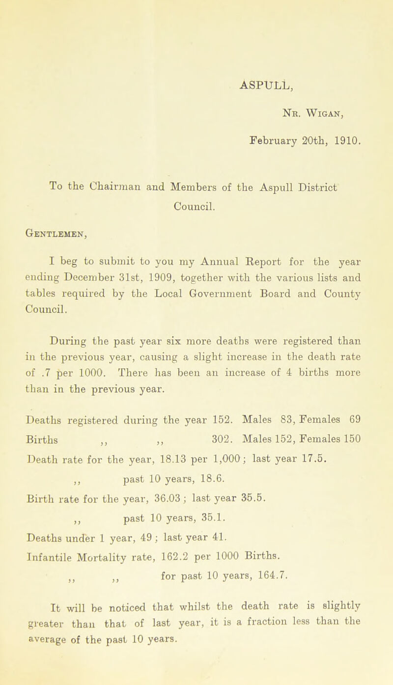 Nr. Wigan, February 20th, 1910. To the Chairman and Members of the Aspull District Council. Gentlemen, I beg to submit to you my Annual Report for the year ending December 31st, 1909, together with the various lists and tables required by the Local Government Board and County Council. During the past year six more deaths were registered than in the previous year, causing a slight increase in the death rate of .7 per 1000. There has been an increase of 4 births more than in the previous year. Deaths registered during the year 152. Males 83, Females 69 Births ,, ,, 302. Males 152, Females 150 Death rate for the year, 18.13 per 1,000 ; last year 17.5. ,, past 10 years, 18.6. Birth rate for the year, 36.03 ; last year 35.5. ,, past 10 years, 35.1. Deaths under 1 year, 49 ; last year 41. Infantile Mortality rate, 162.2 per 1000 Births. )} t) for past 10 years, 164.7. It will be noticed that whilst the death rate is slightly greater than that of last year, it is a fraction less than the average of the past 10 years.