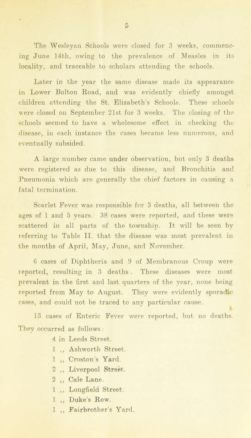 The Wesleyan Schools were closed for 3 weeks, commenc- ing June 14th, owing to the prevalence of Measles in its locality, and traceable to scholars attending the schools. Later in the year the same disease made its appearance in Lower Bolton Road, and was evidently chiefly amongst children attending the St. Elizabeth’s Schools. These schools were closed on September 21st for 3 weeks. The closing of the. schools seemed to have a wholesome effect in checking the disease, in each instance the cases became less numerous, and eventually subsided. A large number came under observation, but only 3 deaths were registered as due to this disease, and Bronchitis and Pneumonia which are generally the chief factors in causing a fatal termination. Scarlet Fever was responsible for 3 deaths, all between the ages of 1 and 5 years. 38 cases were reported, and these were scattered in all parts of the township. It will be seen by referring to Table II. that the disease was most prevalent in the months of April, May, June, and November. 6 cases of Diphtheria and 9 of Membranous Croup wei’e reported, resulting in 3 deaths . These diseases were most prevalent in the first and last quarters of the year, none being reported from May to August. They were evidently sporadic cases, and could not be traced to any particular cause. 13 cases of Enteric Fever were reported, but no deaths. They occurred as follows: 4 in Leeds Street. 1 ,, Ashworth Street. 1 ,, Croston’s Yard. 2 ,, Liverpool Street. 2 ,, Cale Lane. 1 ,, Lojigfield Street. 1 ,, Duke’s Row. 1 ,, Fairbrother’s Yard.