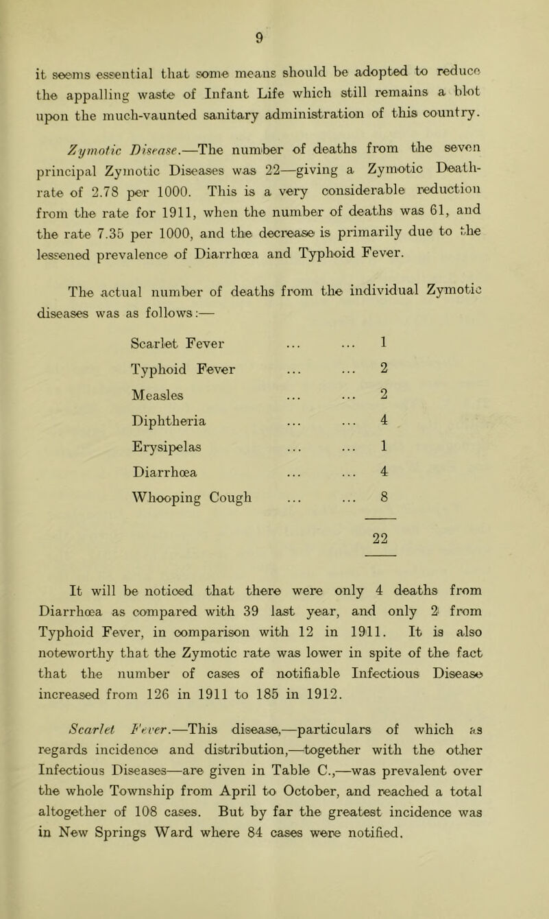 it seems essential that some means should be adopted to reduce the appalling waste of Infant Life which still remains a blot upon the much-vaunted sanitary administration of this country. Zymotic Disease.—The number of deaths from the seven principal Zymotic Diseases was 22—giving a Zymotic Death- rate of 2.78 per 1000. This is a very considerable reduction from the rate for 1911, when the number of deaths was 61, and the rate 7.35 per 1000, and the decrease is primarily due to the lessened prevalence of Diarrhoea and Typhoid Fever. The actual number of deaths from the individual Zymotic diseases was as follows:— Scarlet Fever ... ... 1 Typhoid Fever ... ... 2 Measles ... ... 2 Diphtheria ... ... 4 Erysipelas ... ... 1 Diarrhoea ... ... 4 Whooping Cough ... ... 8 22 It will be noticed that there were only 4 deaths from Diarrhoea as compared with 39 last year, and only % from Typhoid Fever, in comparison with 12 in 1911. It is also noteworthy that the Zymotic rate was lower in spite of the fact that the number of cases of notifiable Infectious Disease increased from 126 in 1911 to 185 in 1912. Scarlet Fever.—This disease,—particulars of which as regards incidence and distribution,—together with the other Infectious Diseases—are given in Table C.,—was prevalent over the whole Township from April to October, and reached a total altogether of 108 cases. But by far the greatest incidence was in New Springs Ward where 84 cases were notified.