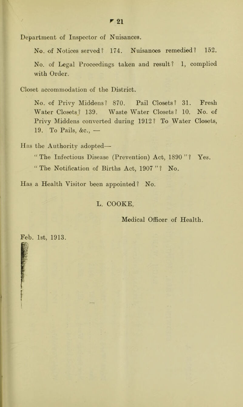 Department of Inspector of Nuisances. No. of Notices served? 174. Nuisances remedied? 152. No. of Legal Proceedings taken and result? 1, complied with Order. Closet accommodation of the District. No. of Privy Middens? 870. Pail Closets? 31. Fresh Water Closets? 139. Waste Water Closets? 10. No. of Privy Middens converted during 1912? To Water Closets, 19. To Pails, &c., — Has the Authority adopted— “The Infectious Disease (Prevention) Act, 1890 ”? Yes. “The Notification of Births Act, 1907 ”? No. Has a Health Visitor been appointed? No. L. COOKE, Medical Officer of Health. Feb. 1st, 1913.