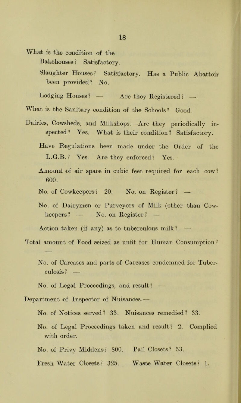 Wliait is the condition of the B ak e ho u se s ? S atisf actory. Slaughter Houses? Satisfactoi’y. Has a Public Abattoir been provided? No. Lodging Houses ? — Are they Registered ? —■ What is the Sanitary oondition of the Schools? Good. Dairies, Cowsheds, and Milkshops.—-Are they periodically in- spected? Yes. What is their condition? Satisfactory. Have Regulations been made under the Order of the L.G.B. ? Yes. Are they enforced? Yes. Amouiiiti of air space in cubic feet required for each cow ? 600. No. of Cowkeepers? 20. No. on Register? — No. of Dairymen or Purveyors of Milk (other than Cow- keepers ? — No. on Register 1 — Action taken (if any) as to tuberculous milk ? — Total amount of Food seized as unfit for Human Consumption ? No. of Carcases and parts of Carcases condemned for Tuber- culosis? — No. of Legail Proceedings, and result? — Department of Inspeotoir of Nuisances.— No. of Notices served? 33. Nuisances remedied? 33. No. of Legal Proceedings taken and result? 2. Complied with order. Pail Closets? 53. No. of Privy Middens? 800. Fresh Water Closets? 325. Waste Water Closets? 1.