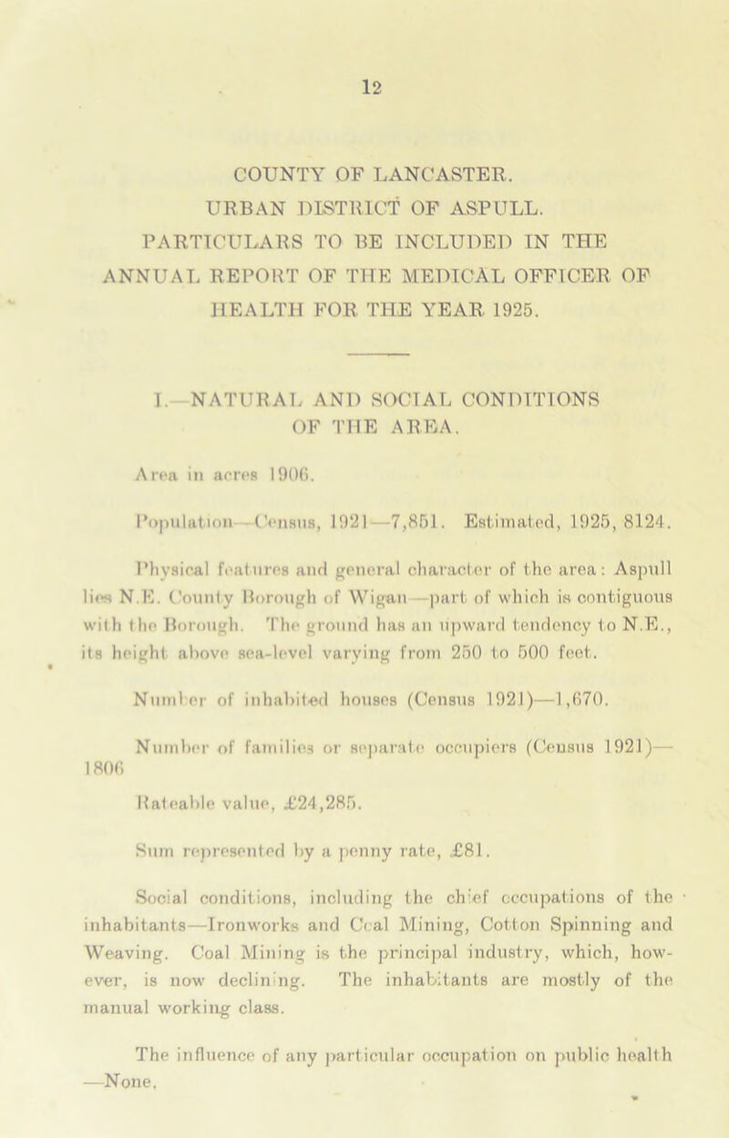 COUNTY OF LANCASTER. URBAN DISTRICT OF ASPULL. PARTICULARS TO BE INCLUDED IN THE ANNUM, REPORT OF THE MEDICAL OFFICER OF HEALTH FOR THE YEAR 1925. I NATURAL AND SOCIAL CONDITIONS OF THE AREA. Area in acres 1906. Population Census, 1921- -7,851. Estimated, 1925,8124. Physical features and general character of the area: Aspull lies N.E. County Borough of Wigan -part; of which is contiguous with the Borough. The ground has an upward tendency to N.E., its height above sea-level varying from 250 to 500 feet. Number of inhabited houses (Census 1921)—1,670. Number of families or separate occupiers (Census 1921)— 1806 Rateable value, £24,285. Sum represented by a penny rate, £81. Social conditions, including the ch'ef occupations of the • inhabitants—Ironworks and Coal Mining, Cotton Spinning and Weaving. Coal Mining is the principal industry, which, how- ever, is now declining. The inhabitants are mostly of the manual working class. The influence of any particular occupation on public health —None.