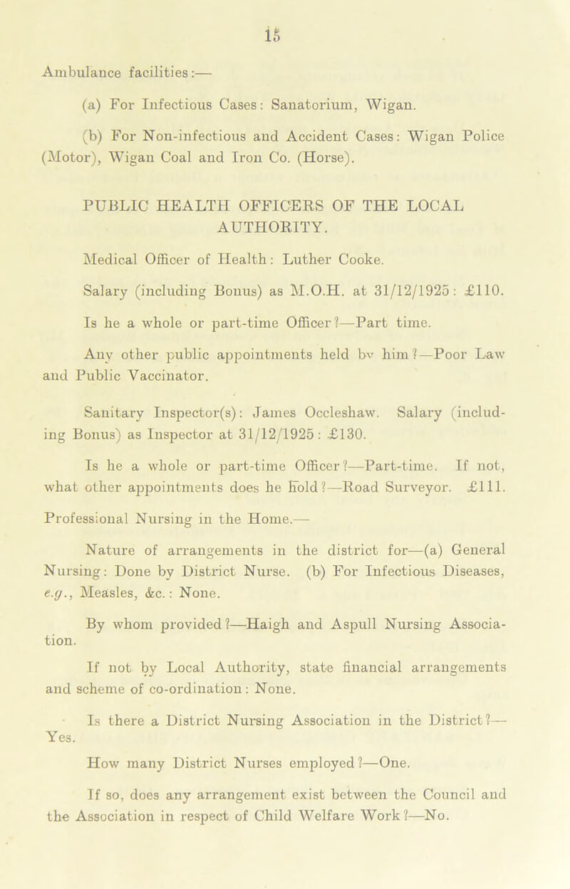 n Ambulance facilities:— (a) For Infectious Cases: Sanatorium, Wigan. (b) For Non-infectious and Accident Cases: Wigan Police (Motor), Wigan Coal and Iron Co. (Horse). PUBLIC HEALTH OFFICERS OF THE LOCAL AUTHORITY. Medical Officer of Health: Luther Cooke. Salary (including Bonus) as M.O.H. at 31/12/1925: £110. Is he a whole or part-time Officer?—Part time. Any other public appointments held bv him?—Poor Law and Public Vaccinator. Sanitary Inspector(s): James Occleshaw. Salary (includ- ing Bonus) as Inspector at 31/12/1925: £130. Is he a whole or part-time Officer ?—Part-time. If not, what other appointments does he Hold?—Road Surveyor. £111. Professional Nursing in the Home.— Nature of arrangements in the district for—(a) General Nursing: Done by District Nurse, (b) For Infectious Diseases, e.g., Measles, &c.: None. By whom provided?—Haigh and Aspull Nursing Associa- tion. If not by Local Authority, state financial arrangements and scheme of co-ordination: None. Is there a District Nursing Association in the District?— Yes. How many District Nurses employed?—One. If so, does any arrangement exist between the Council and the Association in respect of Child Welfare Work?—No.