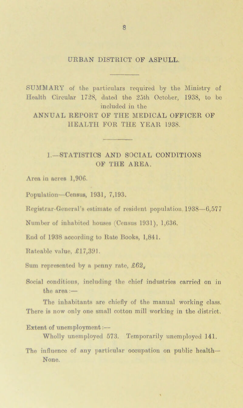 URBAN DISTRICT OF ASPULL. SUMMARY of the particulars required by the Ministry of Health Circular 1728, dated the 25th October, 1938, to be included in the ANNUAL REPORT OF THE MEDICAL OFFICER OF HEALTH FOR THE YEAR 1938. 1. STATISTICS AND SOCIAL CONDITIONS OF THE AREA. Area in acres 1,90(5. Population—Census, 1931, 7,193. Registrar'• General’s estimate of resident population. 1988—G,577 Number of inhabited houses (Census 1931), l,G3fi. End of 1938 according to Rato Rooks, 1,841. Rateable value, £17,391. Sum represented by a penny rate, .£62,. Social conditions, including the chief industries carried on in the. area:— The inhabitants are chiefly of the manual working class. There is now only one small cotton mill working in the district. Extent of unemployment:— Wholly unemployed 573. Temporarily unemployed 141. The influence of any particular occupation on public health— None.