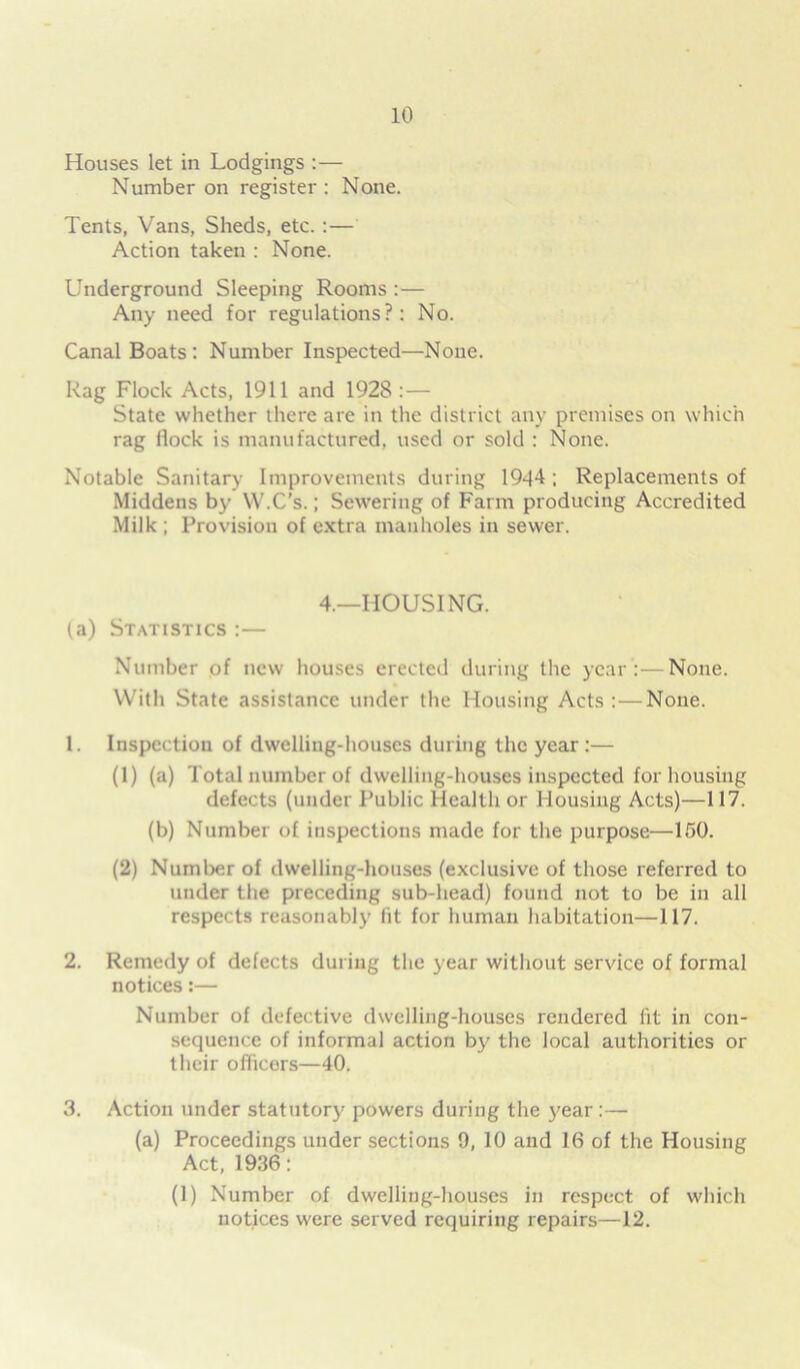 Houses let in Lodgings :— Number on register : None. Tents, Vans, Sheds, etc.:— Action taken : None. Underground Sleeping Rooms : — Any need for regulations?: No. Canal Boats: Number Inspected—None. Rag Flock Acts, 1911 and 1928 : — State whether there are in the district any premises on which rag Hock is manufactured, used or sold : None. Notable Sanitary Improvements during 1944; Replacements of Middens by W.C's.; Sewering of Farm producing Accredited Milk ; Provision of extra manholes in sewer. 4.—HOUSING. (a) Statistics :— Number of new houses erected during the year :—None. With State assistance under the Housing Acts:—None. 1. Inspection of dwelling-houses during the year:— (1) (a) Total number of dwelling-houses inspected for housing defects (under Public Health or Housing Acts)—117. (b) Number of inspections made for the purpose—150. (2) Number of dwelling-houses (exclusive of those referred to under the preceding sub-head) found not to be in all respects reasonably fit for human habitation—117. 2. Remedy of defects during the year without service of formal notices:— Number of defective dwelling-houses rendered fit in con- sequence of informal action by the local authorities or their officers—40. 3. Action under statutory powers during the year :— (a) Proceedings under sections 9, 10 and 16 of the Housing Act, 1936: (1) Number of dwelling-houses in respect of which notices were served requiring repairs—12.