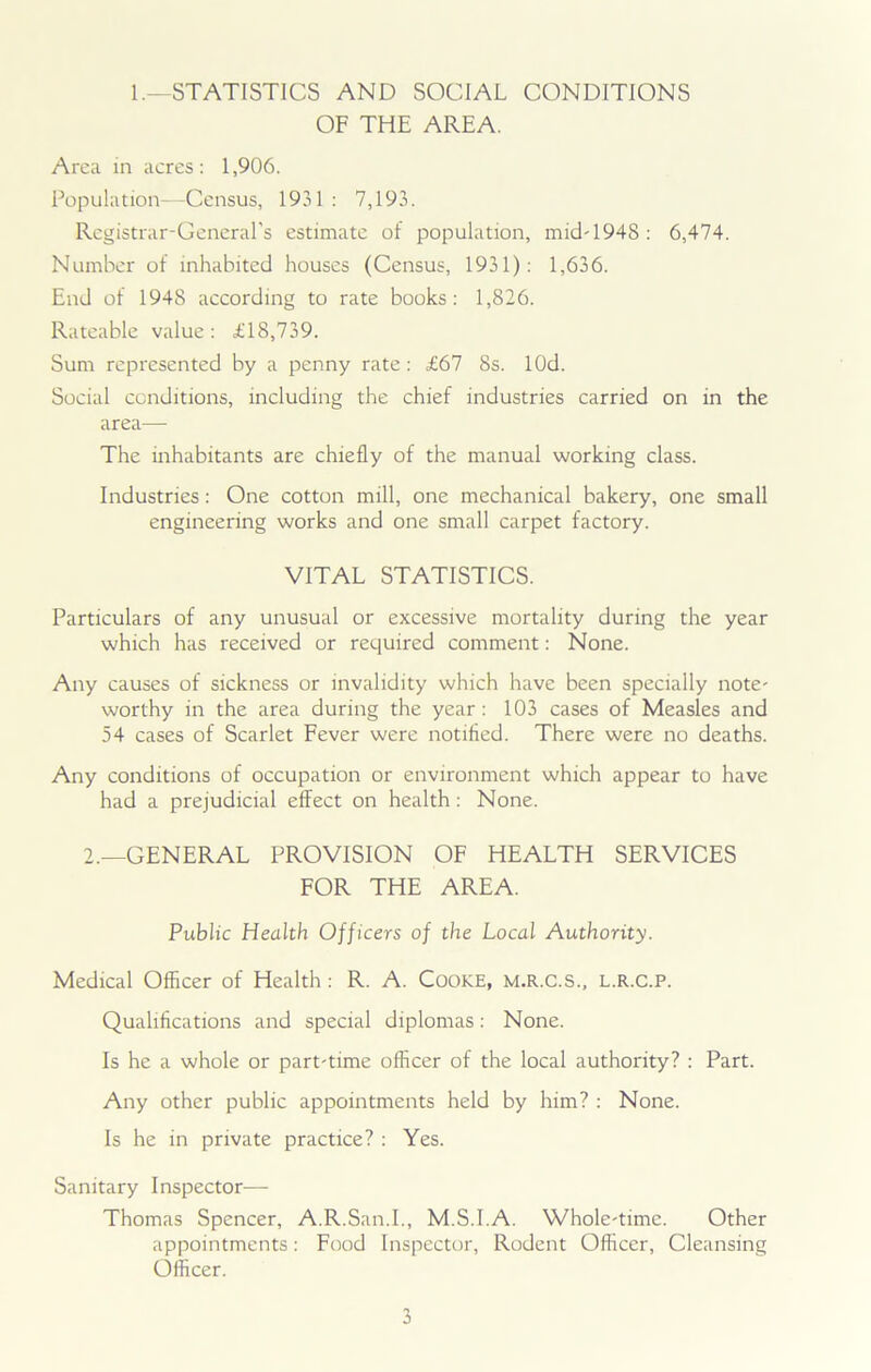 1.—STATISTICS AND SOCIAL CONDITIONS OF THE AREA. Area in acres : 1,906. Population—Census, 1931 : 7,193. Registrar-General's estimate of population, micLl948: 6,474. Number of inhabited houses (Census, 1931): 1,636. End of 1948 according to rate books: 1,826. Rateable value: £18,739. Sum represented by a penny rate: £67 8s. lOd. Social conditions, including the chief industries carried on in the area— The inhabitants are chiefly of the manual working class. Industries: One cotton mill, one mechanical bakery, one small engineering works and one small carpet factory. VITAL STATISTICS. Particulars of any unusual or excessive mortality during the year which has received or required comment: None. Any causes of sickness or invalidity which have been specially note- worthy in the area during the year: 103 cases of Measles and 54 cases of Scarlet Fever were notified. There were no deaths. Any conditions of occupation or environment which appear to have had a prejudicial effect on health: None. 2.—GENERAL PROVISION OF HEALTH SERVICES FOR THE AREA. Public Health Officers of the Local Authority. Medical Officer of Health : R. A. Cooke, m.r.c.s., l.r.c.p. Qualifications and special diplomas: None. Is he a whole or part-time officer of the local authority? : Part. Any other public appointments held by him? : None. Is he in private practice? : Yes. Sanitary Inspector— Thomas Spencer, A.R.San.I., M.S.I.A. Whole-time. Other appointments: Food Inspector, Rodent Officer, Cleansing Officer.