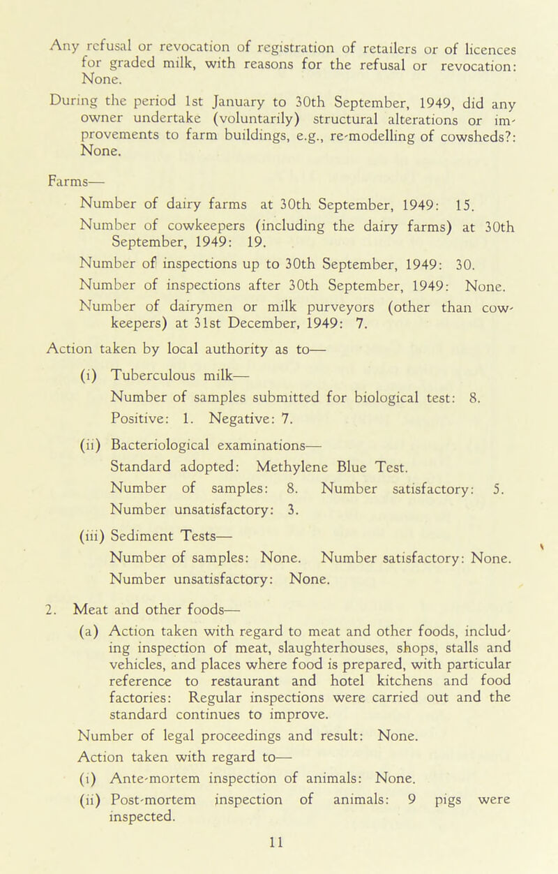 Any refusal or revocation of registration of retailers or of licences for graded milk, with reasons for the refusal or revocation: None. During the period 1st January to 30th September, 1949, did any owner undertake (voluntarily) structural alterations or im- provements to farm buildings, e.g., re-modelling of cowsheds?: None. Farms— Number of dairy farms at 30th September, 1949: 15. Number of cowkeepers (including the dairy farms) at 30th September, 1949: 19. Number of inspections up to 30th September, 1949: 30. Number of inspections after 30th September, 1949: None. Number of dairymen or milk purveyors (other than cow- keepers) at 31st December, 1949: 7. Action taken by local authority as to— (i) Tuberculous milk— Number of samples submitted for biological test: 8. Positive: 1. Negative: 7. (ii) Bacteriological examinations— Standard adopted: Methylene Blue Test. Number of samples: 8. Number satisfactory: 5. Number unsatisfactory: 3. (iii) Sediment Tests— Number of samples: None. Number satisfactory: None. Number unsatisfactory: None. 2. Meat and other foods— (a) Action taken with regard to meat and other foods, includ- ing inspection of meat, slaughterhouses, shops, stalls and vehicles, and places where food is prepared, with particular reference to restaurant and hotel kitchens and food factories: Regular inspections were carried out and the standard continues to improve. Number of legal proceedings and result: None. Action taken with regard to— (i) Ante-mortem inspection of animals: None. (ii) Post-mortem inspection of animals: 9 pigs were inspected.