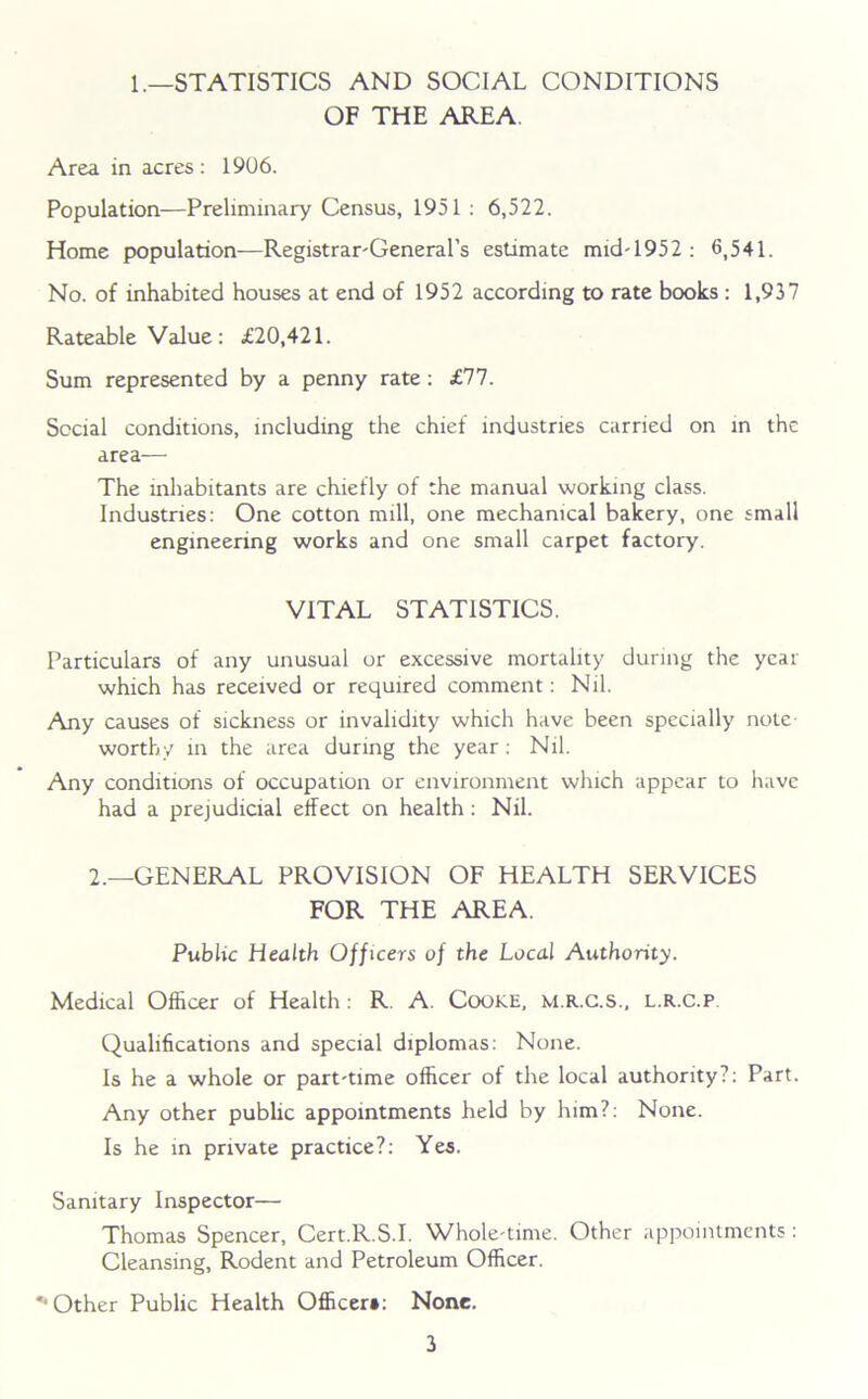 1.—STATISTICS AND SOCIAL CONDITIONS OF THE AREA. Area in acres: 1906. Population—Preliminary Census, 1951: 6,522. Home population—Registrar-General's estimate mid'1952 : 6,541. No. of inhabited houses at end of 1952 according to rate books: 1,937 Rateable Value: £20,421. Sum represented by a penny rate: £77. Social conditions, including the chief industries carried on in the area— The inhabitants are chiefly of the manual working class. Industries: One cotton mill, one mechanical bakery, one small engineering works and one small carpet factory. VITAL STATISTICS. Particulars of any unusual or excessive mortality during the year which has received or required comment: Nil. Any causes of sickness or invalidity which have been specially note- worthy in the area during the year: Nil. Any conditions of occupation or environment which appear to have had a prejudicial effect on health : Nil. 2.—GENERAL PROVISION OF HEALTH SERVICES FOR THE AREA. Public Health Officers of the Local Authority. Medical Officer of Health : R. A. Cooke, M.R.C.S., L.R.C.P Qualifications and special diplomas: None. Is he a whole or part-time officer of the local authority?: Part. Any other public appointments held by him?: None. Is he in private practice?: Yes. Sanitary Inspector— Thomas Spencer, Cert.R.S.I. Whole-time. Other appointments : Cleansing, Rodent and Petroleum Officer. ** Other Public Health Officer*: None.