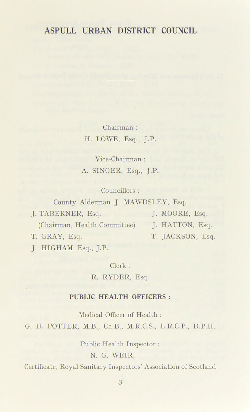 Chairman : H. LOWE, Esq., J.P. Vice-Chairman : A. SINGER, Esq., J.P. Councillors : County Alderman J. MAWDSLEY, Esq. J. TABERNER, Esq. J. MOORE, Esq. (Chairman, Health Committee) J. HATTON, Esq. T. GRAY, Esq. T. JACKSON, Esq. J. HIGHAM, Esq., J.P. Clerk : R. RYDER, Esq. PUBLIC HEALTH OFFICERS : Medical Officer of Health : G. H. POTTER, M.B., Ch.B., M.R.C.S., L.R.C.P., D.P.H. Public Health Inspector : N. G. WEIR, Certificate, Royal Sanitary Inspectors’ Association of Scotland