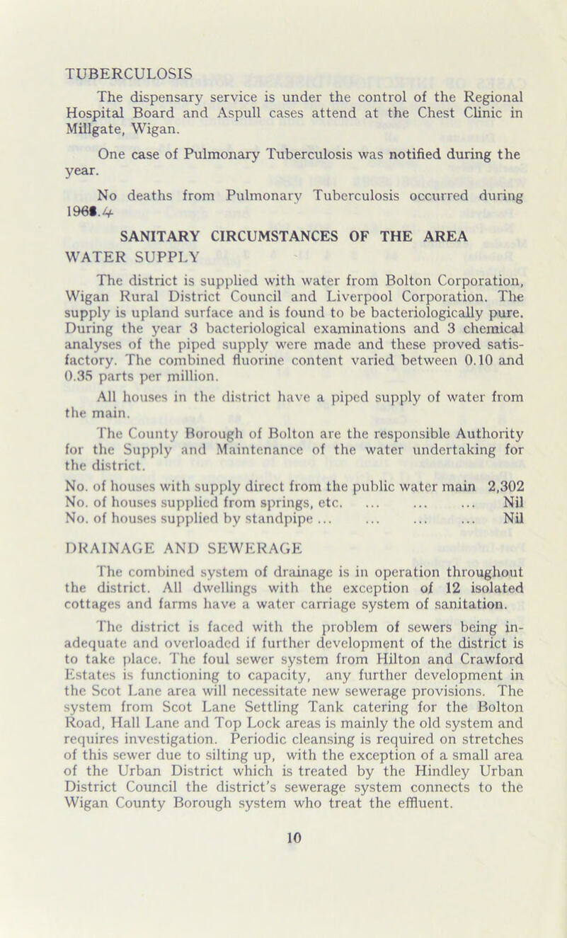 TUBERCULOSIS The dispensary service is under the control of the Regional Hospital Board and Aspull cases attend at the Chest Clinic in Millgate, Wigan. One case of Pulmonary Tuberculosis was notified during the year. No deaths from Pulmonary Tuberculosis occurred during 1968.4- SANITARY CIRCUMSTANCES OF THE AREA WATER SUPPLY The district is supplied with water from Bolton Corporation, Wigan Rural District Council and Liverpool Corporation. The supply is upland surface and is found to be bacteriologically pure. During the year 3 bacteriological examinations and 3 chemical analyses of the piped supply were made and these proved satis- factory. The combined fluorine content varied between 0.10 and 0.35 parts per million. All houses in the district have a piped supply of water from the main. The County Borough of Bolton are the responsible Authority for the Supply and Maintenance of the water undertaking for the district. No. of houses with supply direct from the public water main 2,302 No. of houses supplied from springs, etc. ... ... ... Nil No. of houses supplied by standpipe ... ... ... ... Nil DRAINAGE AND SEWERAGE The combined system of drainage is in operation throughout the district. All dwellings with the exception of 12 isolated cottages and farms have a water carriage system of sanitation. The district is faced with the problem of sewers being in- adequate and overloaded if further development of the district is to take place. The foul sewer system from Hilton and Crawford Estates is functioning to capacity, any further development in the Scot Lane area will necessitate new sewerage provisions. The system from Scot Lane Settling Tank catering for the Bolton Road, Hall Lane and Top Lock areas is mainly the old system and requires investigation. Periodic cleansing is required on stretches of this sewer due to silting up, with the exception of a small area of the Urban District which is treated by the Hindley Urban District Council the district’s sewerage system connects to the Wigan County Borough system who treat the effluent.