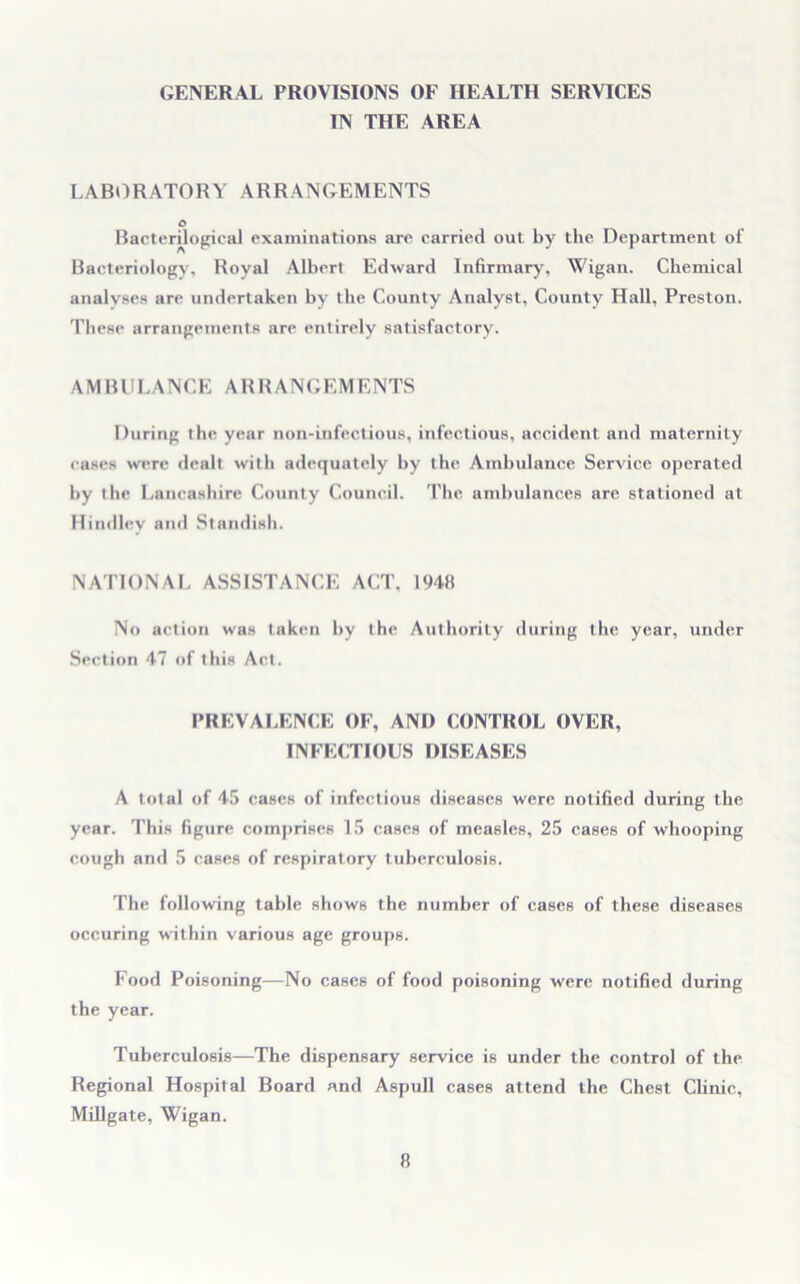 GENERAL PROVISIONS OF HEALTH SERVICES IN THE AREA LABORATORY ARRANGEMENTS O Bacteriological examinations arc carried out by the Department of Bacteriology, Royal Albert Edward Infirmary, Wigan. Chemical analyses are undertaken by the County Analyst, County Hall, Preston. These arrangements are entirely satisfactory. AMBULANCE ARRANGEMENTS During the year non-infectious, infectious, accident and maternity cases were dealt with adequately by the Ambulance Service operated by the Lancashire County Council. The ambulances are stationed at Hindley and Standish. NATIONAL ASSISTANCE ACT. 1948 No action was taken by the Authority during the year, under Section 47 of this Act. PREVALENCE OF, AND CONTROL OVER, INFECTIOUS DISEASES A total of 45 cases of infectious diseases were notified during the year. This figure comprises 15 cases of measles, 25 cases of whooping cough and 5 cases of respiratory tuberculosis. The following table shows the number of cases of these diseases occuring within various age groups. Food Poisoning—No cases of food poisoning were notified during the year. Tuberculosis—The dispensary service is under the control of the Regional Hospital Board and Aspull cases attend the Chest Clinic, Millgate, Wigan.