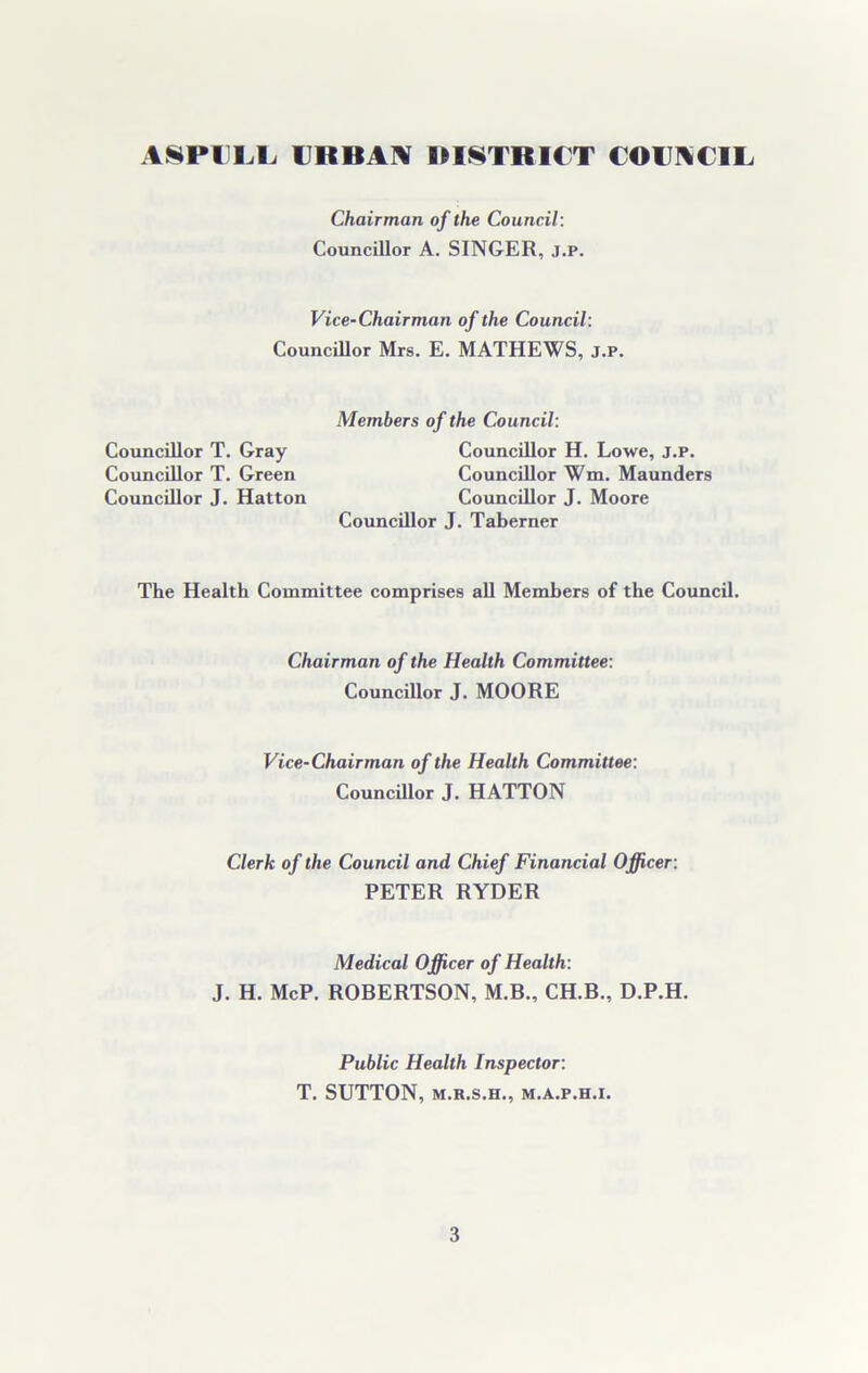 Chairman of the Council: Councillor A. SINGER, j.p. Vice-Chairman of the Council: Councillor Mrs. E. MATHEWS, j.p. Councillor T. Gray Councillor T. Green Councillor J. Hatton Members of the Council: Councillor H. Lowe, j.p. Councillor Wm. Maunders Councillor J. Moore Councillor J. Taberner The Health Committee comprises all Members of the Council. Chairman of the Health Committee: Councillor J. MOORE Vice-Chairman of the Health Committee: Councillor J. HATTON Clerk of the Council and Chief Financial Officer : PETER RYDER Medical Officer of Health: J. H. McP. ROBERTSON, M.B., CH.B., D.P.H. Public Health Inspector: T. SUTTON, M.R.S.H., M.A.P.H.I.