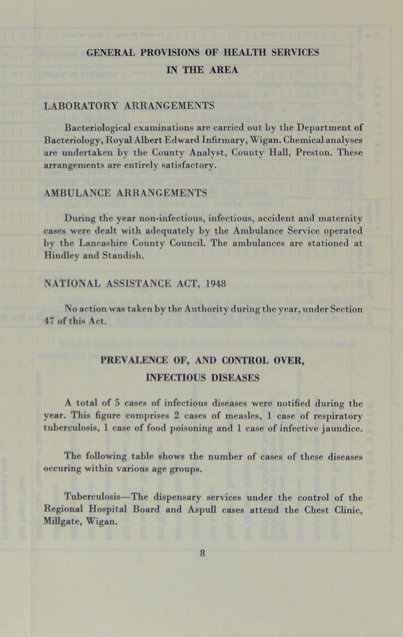 GENERAL PROVISIONS OF HEALTH SERVICES IN THE AREA LABORATORY ARRANGEMENTS Bacteriological examinations are carried out by the Department of Bacteriology, Royal Albert Edward Infirmary, Wigan. Chemical analyses are undertaken by the County Analyst, County Hall, Preston. These arrangements are entirely satisfactory. AMBULANCE ARRANGEMENTS During the year non-infectious, infectious, accident and maternity cases were dealt with adequately by the Ambulance Service operated by the Lancashire County Council. The ambulances are stationed at Hindley and Standish. NATIONAL ASSISTANCE ACT, 1948 No action was taken by the Authority during tin; year, under Section 47 of this Act. PREVALENCE OF, ANI) CONTROL OVER, INFECTIOUS DISEASES A total of 5 cases of infectious diseases were notified during the year. This figure comprises 2 cases of measles, 1 case of respiratory tuberculosis, 1 case of food poisoning and 1 case of infective jaundice. The following table shows the number of cases of these diseases occuring within various age groups. Tuberculosis—The dispensary services under the control of the Regional Hospital Board and Aspull cases attend the Chest Clinic, Millgate, Wigan.