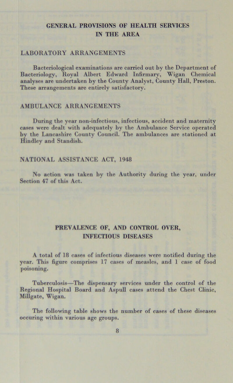 GENERAL PROVISIONS OF HEALTH SERVICES IN THE AREA LABORATORY ARRANGEMENTS Bacteriological examinations are carried out by the Department of Bacteriology, Royal Albert Edward Infirmary, Wigan Chemical analyses are undertaken by the County Analyst, County Hall, Preston. These arrangements are entirely satisfactory. AMBULANCE ARRANGEMENTS During the year non-infectious, infectious, accident and maternity cases were dealt with adequately by the Ambulance Service operated by the Lancashire County Council. The ambulances are stationed at Hindley and Standish. NATIONAL ASSISTANCE ACT, 1948 No action was taken by the Authority during the year, under Section 47 of t his Act. PREVALENCE OF, AND CONTROL OVER, INFECTIOUS DISEASES A total of 18 cases of infectious diseases were notified during the year. This figure comprises 17 cases of measles, and 1 case of food poisoning. Tuberculosis—The dispensary services under the control of the Regional Hospital Board and Aspull cases attend the Chest Clinic, Millgate, Wigan. The following table shows the number of cases of these diseases occuring within various age groups.