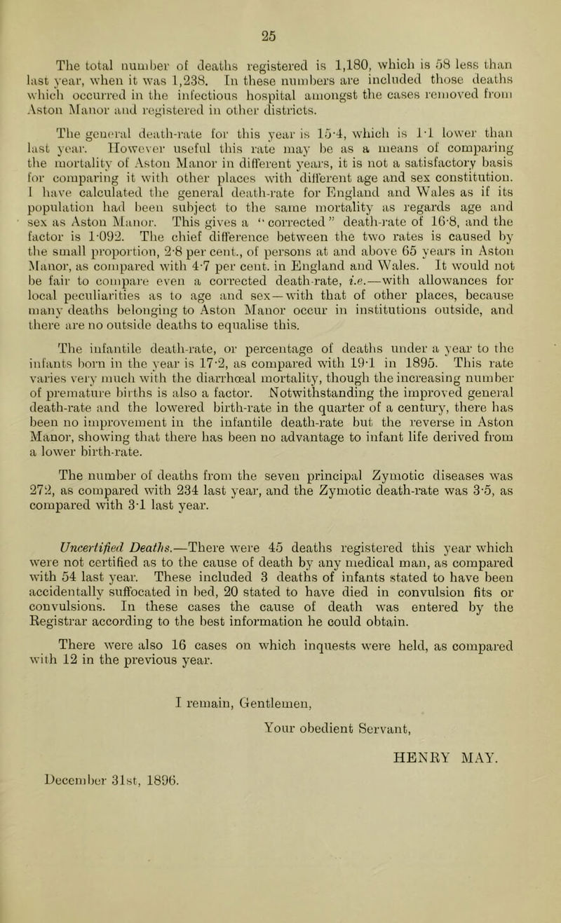 The total number of deaths registered is 1,180, which is 58 less than last year, when it was 1,238. In these numbers are included those deaths which occurred in the infectious hospital amongst the cases removed from Aston Manor and registered in other districts. The general death-rate for this year is 15-4, which is IT lower than last year. However useful this rate may be as a means of comparing the mortality of Aston Manor in different years, it is not a satisfactory basis for comparing it with other places with dilferent age and sex constitution. I have calculated the general death-rate for England and Wales as if its population had been subject to the same mortality as regards age and sex as Aston Manor. This gives a “corrected” death-rate of 16-8, and the factor is 1-092. The chief difference between the two rates is caused by the small proportion, 2-8 per cent., of persons at and above 65 years in Aston Manor, as compared with 4-7 per cent, in England and Wales. It would not be fair to compare even a corrected death-rate, i.e.—with allowances for local peculiarities as to age and sex —with that of other places, because many deaths belonging to Aston Manor occur in institutions outside, and there are no outside deaths to equalise this. The infantile death-rate, or percentage of deaths under a year to the infants born in the year is 17-2, as compared with 19-1 in 1895. This rate varies very much with the diarrhoeal mortality, though the increasing number of premature births is also a factor. Notwithstanding the improved general death-rate and the lowered birth-rate in the quarter of a century, there has been no improvement in the infantile death-rate but the reverse in Aston Manor, showing that there has been no advantage to infant life derived from a lower birth-rate. The number of deaths from the seven principal Zymotic diseases was 272, as compared with 234 last year, and the Zymotic death-rate was 3-5, as compared with 3-1 last year. Uncertified Deaths.—There were 45 deaths registered this year which were not certified as to the cause of death by any medical man, as compared with 54 last year. These included 3 deaths of infants stated to have been accidentally suffocated in bed, 20 stated to have died in convulsion fits or convulsions. In these cases the cause of death was entered by the Registrar according to the best information he could obtain. There were also 16 cases on which inquests were held, as compared with 12 in the previous year. I remain, Gentlemen, Your obedient Servant, HENRY MAY. December 31st, 1896.
