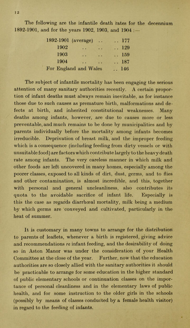 The following are the infantile death rates for the decennium 1892-1901, and for the years 1902, 1903, and 1904 :— 1892-1901 (average) .. 177 1902 .. 129 1903 .. 159 1904 .. 187 For England and Wales .. 146 The subject of infantile mortality has been engaging the serious attention of many sanitary authorities recently. A certain propor- tion of infant deaths must always remain inevitable, as for instance those due to such causes as premature birth, malformations and de- fects at birth, and inherited constitutional weaknesses. Many deaths among infants, however, are due to causes more or less preventable, and much remains to be done by municipalities and by parents individually before the mortality among infants becomes irreducible. Deprivation of breast milk, and the improper feeding which is a consequence (including feeding from dirty vessels or with unsuitable food) are factors which contribute largely to the heavy death rate among infants. The very careless manner in which milk and other foods are left uncovered in many homes, especially among the poorer classes, exposed to all kinds of dirt, dust, germs, and to flies and other contamination, is almost incredible, and this, together with personal and general uncleanliness, also contributes its quota to the avoidable sacrifice of infant life. Especially is this the case as regards diarrhoeal mortality, milk being a medium by which germs are conveyed and cultivated, particularly in the heat of summer. It is customary in many towns to arrange for the distribution to parents of leaflets, whenever a birth is registered, giving advice and recommendations re infant feeding, and the desirability of doing so in Aston Manor was under the consideration of your Health Committee at the close of the year. Further, now that the education authorities are so closely allied with the sanitary authorities it should be practicable to arrange for some education in the higher standard of public elementary schools or continuation classes on the impor- tance of personal cleanliness and in the elementary laws of public health, and for some instruction to the older girls in the schools (possibly by means of classes conducted by a female health visitor) in regard to the feeding of infants.