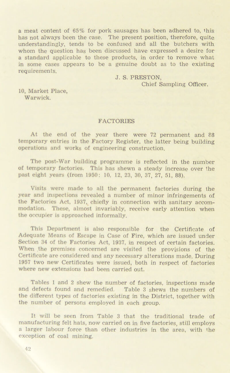 a meat content of 65% for pork sausages has been adhered to, ihis has not always been the case. The present position, therefore, quite understanding^, tends to be confused and all the butchers with whom the question has been discussed have expressed a desire for a standard applicable to these products, in order to remove what in some cases appears to be a genuine doubt as to the existing requirements. J. S. PRESTON, Chief Sampling Officer. 10, Market Place, Warwick. FACTORIES At the end of the year there were 72 permanent and 88 temporary entries in the Factory Register, the latter being building operations and works of engineering construction. The post-War building programme is reflected in the number of temporary factories. This has shewn a steady increase over the past eight years (from 1950: 10, 12, 23, 30, 37, 27, 51, 88). Visits were made to all the permanent factories during the year and inspections revealed a number of minor infringements of the Factories Act, 1937, chiefly in connection with sanitary accom- modation. These, almost invariably, receive early attention when the occupier is approached informally. This Department is also responsible for the Certificate of Adequate Means of Escape in Case of Fire, which are issued under Section 34 of the Factories Act, 1937, in respect of certain factories. When the premises concerned are visited the provisions of the Certificate are considered and any necessary alterations made. During 1957 two new Certificates were issued, both in respect of factories where new extensions had been carried out. Tables 1 and 2 shew the number of factories, inspections made and defects found and remedied. Table 3 shews the numbers of the different types of factories existing in the District, together with the number of persons employed in each group. It will be seen from Table 3 that the traditional trade of manufacturing felt hats, now carried on in five factories, still employs a larger labour force than other industries in the area, with the exception of coal mining.