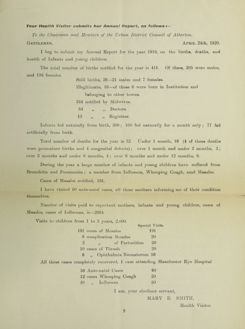Your Health Visitor submits her Annual Report, as follows i— To the Chairman and Members of the Urban District Council of Atherton. Gentlemen, April 24th, 1920. I beg to submit m3' Animal Report for tlie 3'ear 1919, on the births, deaths, and health of Infants and young children. The total number of births notified for the year is 411. Of these, 205 were males, and 190 feinale.s. Still birtlis, 28—21 males and 7 females. Illegitimate, 18—of these 6 were born in Institution and belonging to other towns. 344 notified by ftlidwives. 54 „ „ Doctors. 13 „ „ Registrar. Infants fed natui’all}’ from birth, 300; 100 fed naturalljr for a month only; 77 fed artificially from birth. Total number of deaths for the year is 32. Under 1 month, 16 (4 of these deaths were premature births and 4 congenital defects); over 1 month and under 3 months, 3; over 3 mouths and under 6 montli.s, 4 ; over 6 mouths and under 12 months, 9. During the year a large number of infants and young children have sufFei'ed from Bronchitis and Pneumonia ; a number from Influenza, Whooping Cough, anid Measles. Cases of Measles uotihed, 191. I have visited 50 ante-natel cases, all these mothers informing me of their condition themselves. Number of visits jjaid to expectant mothers, infants and young children, cases of Measles, cases of Influenza, is—2994. Visits to children from 1 to 5 years, 2,000. Special Visite. 191 cases of Measles 191 6 complication Measles 20 2 ,, of Parturition 20 10 cases of Thrush 20 8 „ Ophthalmia Neonatorum 50 All these cases completely recovered, 1 (lase attending Manchester Eye Hospital 58 Ante-natal Cases 60 12 cases Whooping Cough 20 40 „ Influenza 50 I am, your obedient servant, MARY E. SMITH, Health Visitor.