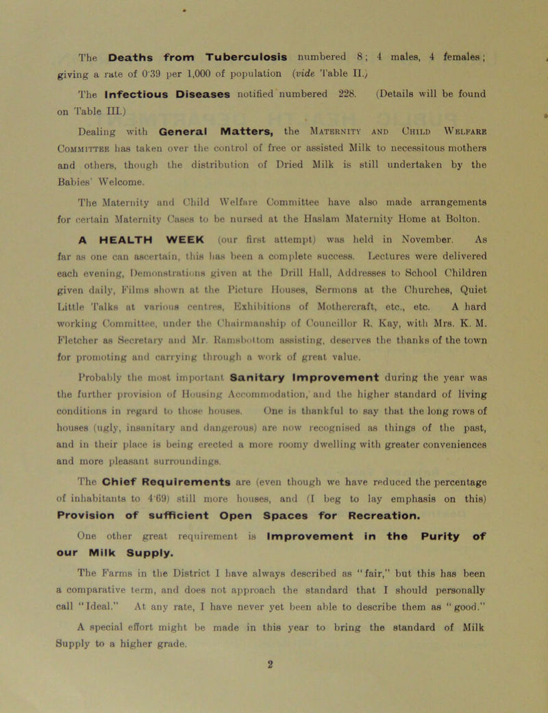 The Deaths from Tuberculosis numbered 8; 4 males, 4 females; giving a rate of 0'39 per 1,000 of population (vide Table II.) The Infectious Diseases notified numbered 228. (Details will be found on Table III.) Dealing with General Matters, the Maternity and Child Welfare Committee has taken over the control of free or assisted Milk to necessitous mothers and others, though the distribution of Dried Milk is still undertaken by the Babies' Welcome. The Maternity and Child Welfare Committee have also made arrangements for certain Maternity Cases to be nursed at the Haslam Maternity Home at Bolton. A HEALTH WEEK (our first attempt) was held in November. As far as one can ascertain, this lias been a complete success. Lectures were delivered each evening, Demonstrations given at the Drill Hall, Addresses to School Children given daily, Films shown at the Picture Houses, Sermons at the Churches, Quiet Little Talks at various centres, Exhibitions of Mothercraft, etc., etc. A hard working Committee, under the Chairmanship of Councillor R. Kay, with Mrs. K. M. Fletcher as Secretary and Mr. Ramsboltom assisting, deserves the thanks of the town for promoting and carrying through a work of great value. Probably the most important Sanitary Improvement during the year was the further provision of Housing Accommodation, and the higher standard of living conditions in regard to those houses. One is thankful to say that the long rows of houses (ugly, insanitary and dangerous) are now recognised as things of the past, and in their place is being erected a more roomy dwelling with greater conveniences and more pleasant surroundings. The Chief Requirements are (even though we have reduced the percentage of inhabitants to 4 G9) still more houses, and (I beg to lay emphasis on this) Provision of sufficient Open Spaces for Recreation. One other great requirement is Improvement in the Purity of our Milk Supply. The Farms in the District 1 have always described as “fair, but this has been a comparative term, and does not approach the standard that I should personally call “Ideal.” At any rate, I have never yet been able to describe them as “good. A special effort might be made in this year to bring the standard of Milk Supply to a higher grade.