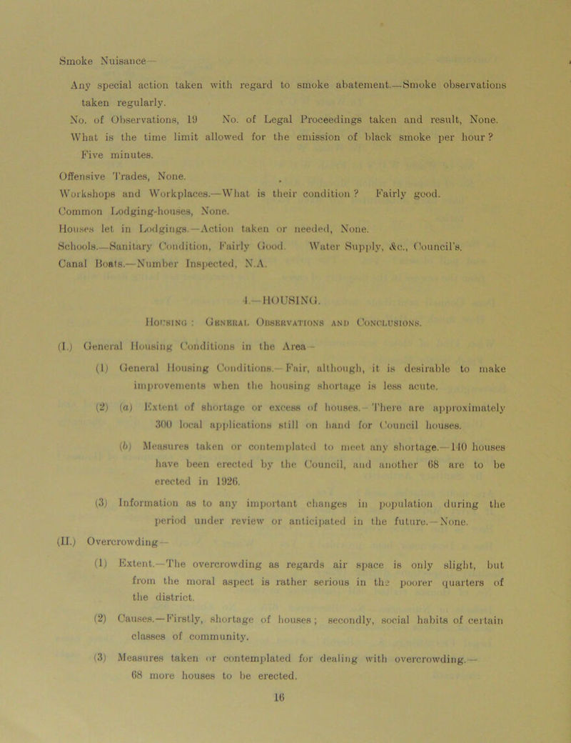 Smoke Nuisance Any special action taken with regard to smoke abatement.—Smoke observations taken regularly. No. of Observations, 19 No. of Legal Proceedings taken and result, None. What is the time limit allowed for the emission of black smoke per hour ? Five minutes. Offensive Trades, None. Workshops and Workplaces.—What is their condition ? Fairly good. Common Lodging-houses, None. Houses let in Lodgings.—Action taken or needed, None. Schools.—Sanitary Condition, Fairly Oood. Water Supply, t'ic., Council's. Canal Moats.—Number Inspected, N.A. 1 HOUSING. Housing : Gbnkrai. Ouskrvatjons and Conclusions. (1.) General Housing Conditions in the Area - (1) General Housing Conditions. Fair, although, it is desirable to make improvements when the housing shortage is less acute, (2) (a) Extent of shortage or excess of houses. There are approximately 300 local applications still on hand for Council houses. {!>) Measures taken or contemplated to meet any shortage. 140 houses have been erected by the Council, and another 08 are to be erected in 1926. (3) Information as to any important changes in population during the period under review or anticipated in the future. None. (II.) Overcrowding — (1) Extent.—The overcrowding as regards air space is only slight, but from the moral aspect is rather serious in the poorer quarters of the district. (2) Causes.—Firstly, shortage of houses; secondly, social habits of certain classes of community. (3) Measures taken or contemplated for dealing with overcrowding.— 68 more houses to be erected.