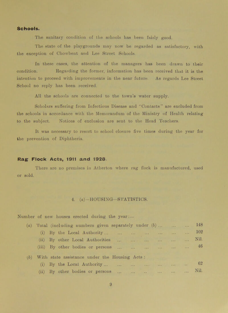 Schools. The sanitary condition of the schools has been fairly good. The state of the playgrounds may now be regarded as satisfactory, with the exception of Chowbent and Lee Street Schools. In these cases, the attention of the managers has been drawn to their condition. Regarding the former, information has been received that it is the intention to proceed with improvements in the near future. As regards Lee Street School no reply has been received. All the schools are connected to the town’s water supply. Scholars suffering from Infectious Disease and “Contacts” are excluded from the schools in accordance with the Memorandum of the Ministry of Health relating to the subject. Notices of exclusion are sent to the Head Teachers. It was necessary to resort to school closure five times during the year for the prevention of Diphtheria. Rag Flock Acts, 1911 and 1928, There are no premises in Atherton where rag flock is manufactured, used or sold. 4. (a)—HOUSING—STATISTICS. Number of new houses erected during the year:— (a) Total (including numbers given separately under (6) 148 (i) By the Local Authority... ... ... ... ... ... ... 102 (ii) By other Local Authorities ... ... ... ... ... ... Nil. (iii) By other bodies or persons ... ... ... ... ... ... 46 (6) With state assistance under the Housing Acts : (i) By the Local Authority ... ... ... ... ... ... .. 02 (ii) By other bodies or persons Nil.