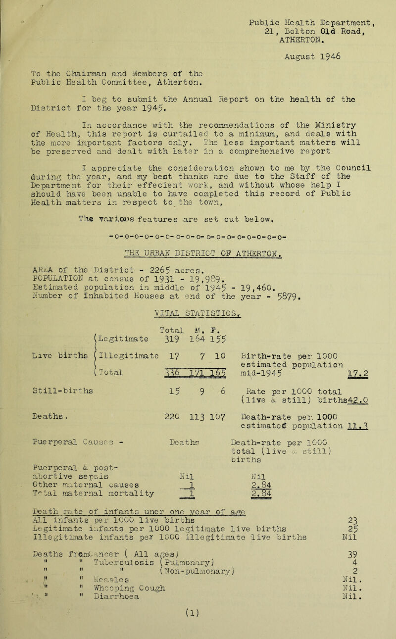 Public Health Department, 21, Bolton Old Road, ATHERTON. August 194-6 To the Chairman and Members of the Public Health Committee, Atherton. I beg to submit the Annual Report on the health of the District for the year 1945. In accordance with the recommendations of the Ministry of Health, this report is curtailed to a minimum, and deals with the more important factors only. The less important matters will be preserved and dealt with later in a comprehensive report I appreciate the consideration shown to me by the Council during the year, and my best thanks are due to the Staff of the Department for their effecient work, and without whose help I should have been unable to have completed this record of Public Health matters in respect to the town, The various features are set out below. - o-o-o-o- o- o- o-o-o- o-o-o- o-o-o- o- o- THE URBAN DISTRICT OF ATHERTON. AREA of the District - 2265 acres. POPULATION at census of 1931 - 19,989. Estimated population in middle of 1945 - 19,460. Number of Inhabited Houses at end of the year - 5879. VITAL STATISTICS.- Total M. P. (Legitimate 319 164 155 Live births (illegitimate 17 7 10 1 T o t a! 336 171 165 Birth-rate per 1000 estimated population mid-1945 Still-births 15 9 Deaths. 220 113 Puerperal Causes - Deaths Puerperal 6c post- abortive sepsis Nil Other maternal causes 1 T'-tal maternal mortality 1 6 Rate per 1000 total (live A still) births42.0 107 Death-rate per. 1000 estimated population 11.3 Death-rate per 1000 total (live oc still) births Nil 2.84 2. 64 Death rate of infants uner one year of age All infants per 1000 live births 23 Legitimate infants per 1000 legitimate live births 25 Illegitimate infants per 1C00 illegitimate live births Nil Deaths fro.mC-ancer ( All ages) 39   Tuberculosis (pulmonary) 4 11   (Non-pulmonary) 2  Measles Nil. ”  Whooping Cough Nil, ’ • !l ” Diarrhoea Nil. (1)
