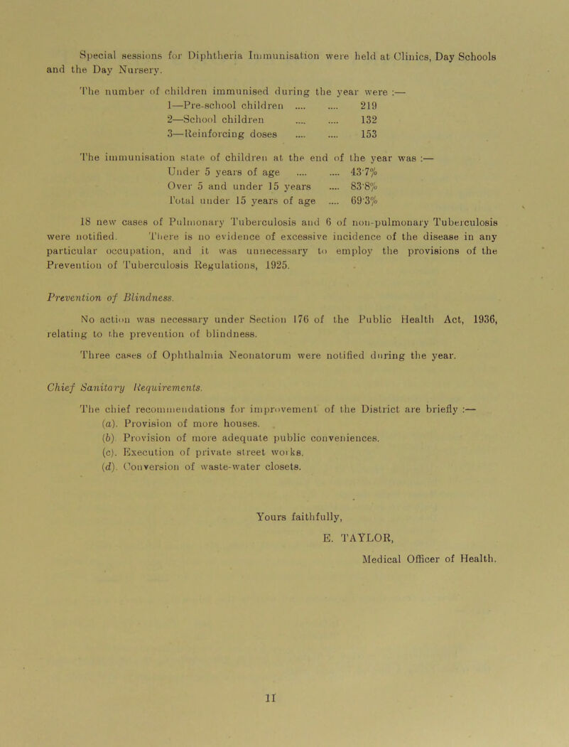 Special sessions for Diphtheria Immunisation were held at Clinics, Day Schools and the Day Nursery. The number of children immunised during the year were :— 1— Pre-school children .... .... 219 2— School children .... .... 132 3— Reinforcing doses 153 The immunisation slate of children at the end of the year was :— Under 5 years of age 43'7°/o Over 5 and under 15 years .... 83’8°/o Total under 15 years of age .... 69'37<> 18 new cases of Pulmonary Tuberculosis and 6 of non-pulmonary Tuberculosis were notified. There is no evidence of excessive incidence of the disease in any particular occupation, and it was unnecessary to employ the provisions of the Prevention of Tuberculosis Regulations, 1925. Prevention of Blindness. No action was necessary under Section 176 of the Public Health Act, 1936, relating to the prevention of blindness. 'Three cases of Ophthalmia Neonatorum were notified during the year. Chief Sanitary Requirements. The chief recommendations for improvement of the District are briefly :— (а) . Provision of more houses. (б) . Provision of more adequate public conveniences. (c) . Execution of private street woiks. (d) . Conversion of waste-water closets. Yours faithfully, E. TAYLOR, Medical Officer of Health. ir