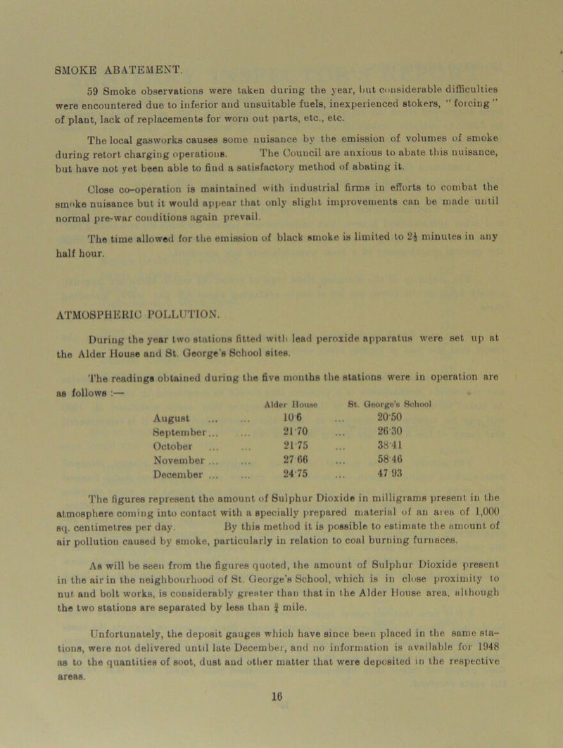 SMOKE ABATEMENT. 59 Smoke observations were taken during the year, but considerable difficulties were encountered due to inferior and unsuitable fuels, inexperienced stokers, “ forcing ” of plant, lack of replacements for worn out parts, etc., etc. The local gasworks causes some nuisance by the emission of volumes of smoke during retort charging operations. The Council are anxious to abate this nuisance, but have not yet been able to find a satisfactory method of abating it. Close co-operation is maintained with industrial firms in efforts to combat the smoke nuisance but it would appear that only slight improvements can be made until normal pre-war conditions again prevail. The time allowed for the emission of black smoke is limited to 2i minutes in any half hour. ATMOSPHERIC POLLUTION. During the year two stations fitted with lead peroxide apparatus were set up at the Alder House and 8t. George's School sites. The readings obtained during the five months the stations were in operation are as follows :— Alder House 8t. George’s School August September... October November ... December ... 10 6 2050 2170 26 30 2175 38 41 2766 5846 24 75 47 93 The figures represent the amount of Sulphur Dioxide in milligrams present in the atmosphere coming into contact with a specially prepared material of an area of 1,000 sq. centimetres per day. By this method it is possible to estimate the amount of air pollution caused by smoke, particularly in relation to coal burning furnaces. As will be seen from the figures quoted, the amount of Sulphur Dioxide present in the air in the neighbourhood of St. George’s School, which is in close proximity to nut and bolt works, is considerably greater than that in the Alder House area, although the two stations are separated by less than % mile. Unfortunately, the deposit gauges which have since been placed in the same sta- tions, were not delivered until late December, and no information is available for 1948 as to the quantities of soot, dust aud other matter that were deposited in the respective areas.