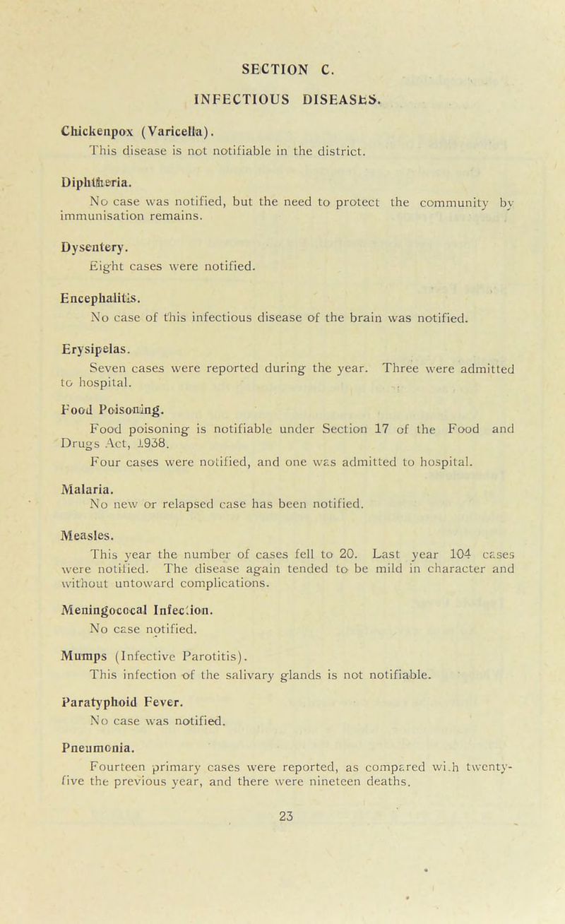 INFECTIOUS DISEASES. Chickenpox (Varicella). This disease is not notifiable in the district. Diphtheria. No case was notified, but the need to protect the community by immunisation remains. Dysentery. Eight cases were notified. Encephalitis. No case of this infectious disease of the brain was notified. Erysipelas. Seven cases were reported during the year. Three were admitted to hospital. Food Poisoning. Food poisoning is notifiable under Section 17 of the Food and Drugs Act, J.938. Four cases were notified, and one was admitted to hospital. Malaria. No new or relapsed case has been notified. Measles. This year the number of cases fell to 20. Last year 104 cases were notified. The disease again tended to be mild in character and without untoward complications. Meningocccal Infection. No case notified. Mumps (Infective Parotitis). This infection of the salivary glands is not notifiable. Paratyphoid Fever. No case was notified. Pneumonia. Fourteen primary cases were reported, as compared wi.h twenty- five the previous year, and there were nineteen deaths.