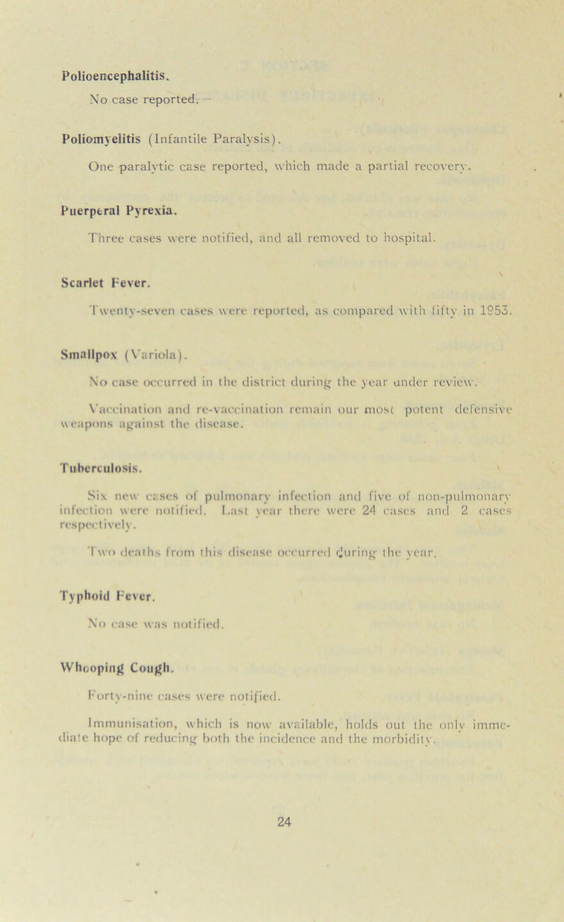 Polioencephalitis. No case reported. Poliomyelitis (Infantile Paralysis). One paralytic case reported, which made a partial recovery. Puerptral Pyrexia. Three cases were notified, and all removed to hospital. Scarlet Fever. Twenty-seven cases were reported, as compared with fifty in 1953. Smallpox (Variola). No case occurred in the district during- the year under review. Vaccination and re-vaccination remain our most potent defensive weapons against the disease. T uberculosis. Six new cases of pulmonary infection and five of non-pulmonary infection were notified. Last year there were 24 cases and 2 cases respectively. Two deaths from this disease occurred during- the year. Typhoid Fever. No case was notified. Whooping Cough. Forty-nine cases were notified. Immunisation, which is now available, holds out the only imme- diate hope of reducing- both the incidence and the morbiditv.