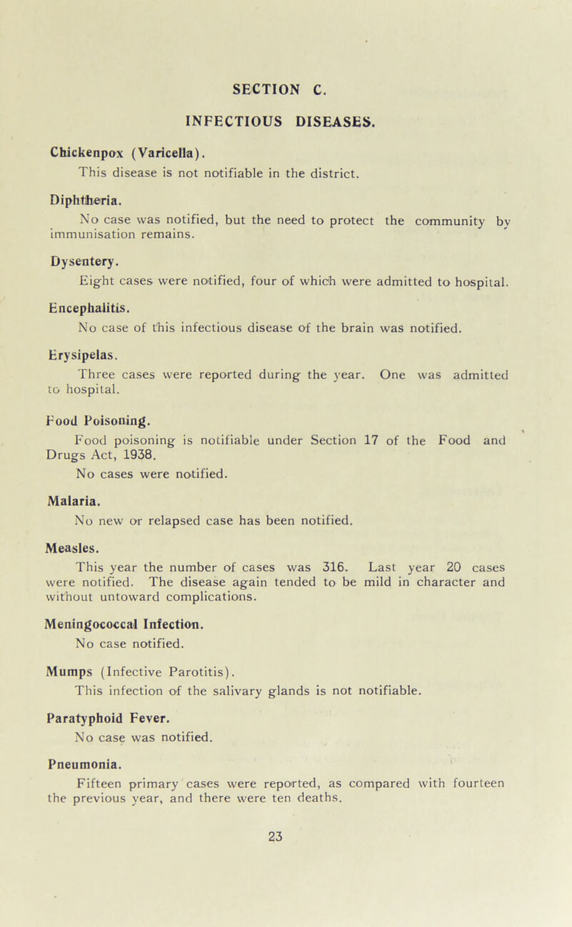 INFECTIOUS DISEASES. Chickenpox (Varicella). This disease is not notifiable in the district. Diphtheria. No case was notified, but the need to protect the community by immunisation remains. Dysentery. Eig-ht cases were notified, four of which were admitted to hospital. Encephalitis. No case of this infectious disease of the brain was notified. Erysipelas. Three cases were reported during the year. One was admitted CO hospital. Food Poisoning. Food poisoning is notifiable under Section 17 of the Food and Drugs Act, 1938. No cases were notified. Malaria. No new or relapsed case has been notified. Measles. This year the number of cases was 316. Last year 20 cases were notified. The disease again tended to be mild in character and without untoward complications. Meningococcal Infection. No case notified. Mumps (Infective Parotitis). This infection of the salivary glands is not notifiable. Paratyphoid Fever. No case was notified. Pneumonia. ' Fifteen primary cases were reported, as compared with fourteen the previous year, and there were ten deaths.