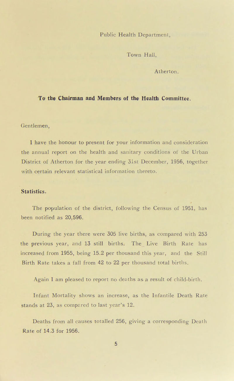 Public Health Department, Town Hall, Atherton. To the Chairman and Members of the Health Committee. Gentlemen, I have the honour to present for your information and consideration the annual report on the health and sanitary conditions of the Urban District of Atherton for the year ending- 3ist December, 1956, together with certain relevant statistical information thereto. Statistics. The population of the district, following the Census of 1951, has been notified as 20,596. During the year there were 305 live births, as compared with 253 the previous year, and 13 still births. The Live Birth Rate has increased from 1955, being 15.2 per thousand this year, and the Still Birth Rate takes a fall from 42 to 22 per thousand total births. Again I am pleased to report no deaths as a result of child-birth. Infant Mortality shows an increase, as the Infantile Death Rate stands at 23, as compared to- last year’s 12. Deaths from all causes totalled 256, giving a corresponding Death Rate of 14.3 for 1956.