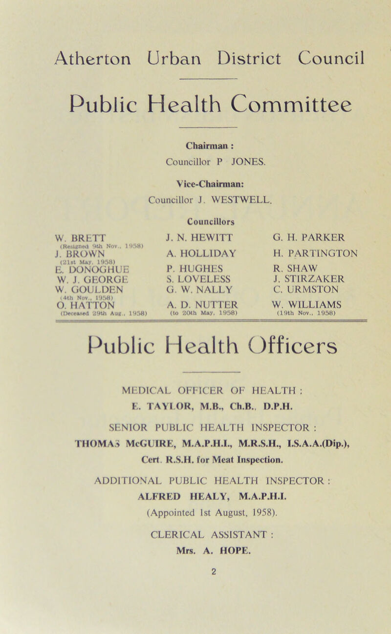 Public Health Committee Chairman : Councillor P JONES. Vice-Chairman: Councillor J. WESTWELL. W. BRETT (Rc.sUneU 9th Nov., 1958) J. BROWN (21st May. 1958) E. DONOGHUE W. J. GEORGE W. GOULDEN 14th Nov.. 1958) O. HATTON (Deceased 29th Aug , 1958) Councillors J. N. HEWITT A. HOLLIDAY P. HUGHES S. LOVELESS G. W. NALLY A. D. NUTTER (to 20th May. 1958) G. H. PARKER H. PARTINGTON R. SHAW J. STIRZAKER C. URMSTON W. WILLIAMS (19th Nov., 1958) Public Health Officers MEDICAL OFFICER OF HEALTH : E. TAYLOR, M.B., Ch.B. D.P.H. SENIOR PUBLIC HEALTH INSPECTOR : THOMAS McGUIRE, M.A.P.H.I., M.R.S.H., I.S.A.A.(Dip.), Ceil. R.S.H. for Meat Inspection. ADDITIONAL PUBLIC HEALTH INSPECTOR : ALFRED HEALY, M.A.P.H.I. (Appointed 1st August. 1958). CLERICAL ASSISTANT : Mrs. A. HOPE.