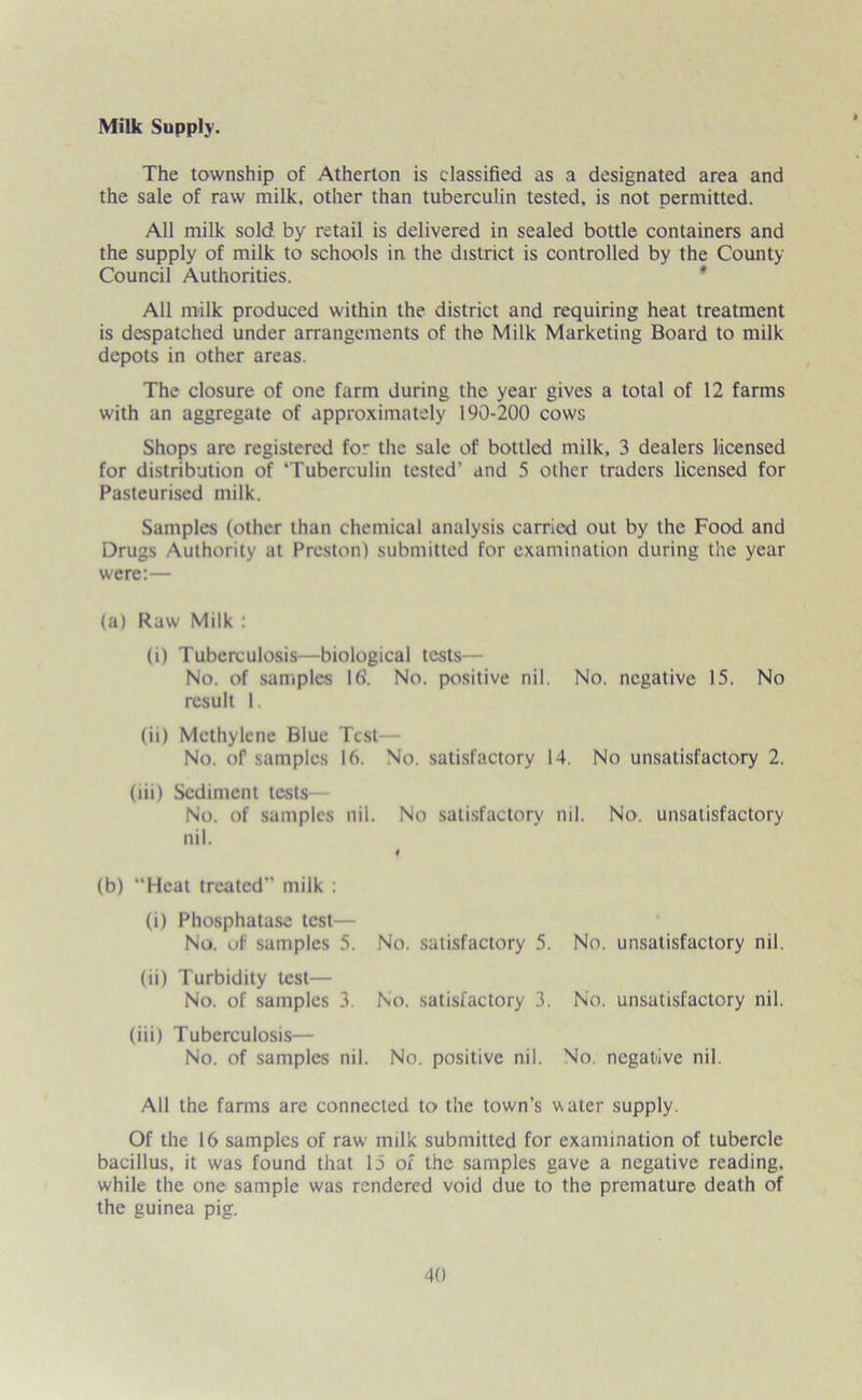 Milk Supply. The township of Atherton is classified as a designated area and the sale of raw milk, other than tuberculin tested, is not permitted. All milk sold by retail is delivered in sealed bottle containers and the supply of milk to schools in. the district is controlled by the County Council Authorities. All milk produced within the district and requiring heat treatment is despatched under arrangements of the Milk Marketing Board to milk depots in other areas. The closure of one farm during the year gives a total of 12 farms with an aggregate of approximately 190-200 cows Shops are registered for the sale of bottled milk, 3 dealers licensed for distribution of ‘Tuberculin tested’ and 5 other traders licensed for Pasteurised milk. Samples (other than chemical analysis carried out by the Food and Drugs Authority at Preston) submitted for examination during the year were:— (a) Raw Milk : (i) Tuberculosis—biological tests— No. of samples 16. No. positive nil. No. negative 15. No result 1. (ii) Methylene Blue Test— No. of samples 16. No. satisfactory 14. No unsatisfactory 2. (iii) Sediment tests— No. of samples nil. No satisfactory nil. No. unsatisfactory nil. 4 (b) “Heat treated” milk : (i) Phosphatase test— No. of samples 5. No. satisfactory 5. No. unsatisfactory nil. (ii) Turbidity test— No. of samples 3. No. satisfactory 3. No. unsatisfactory nil. (iii) Tuberculosis— No. of samples nil. No. positive nil. No. negative nil. All the farms are connected to the town’s water supply. Of the 16 samples of raw milk submitted for examination of tubercle bacillus, it was found that 15 of the samples gave a negative reading, while the one sample was rendered void due to the premature death of the guinea pig.