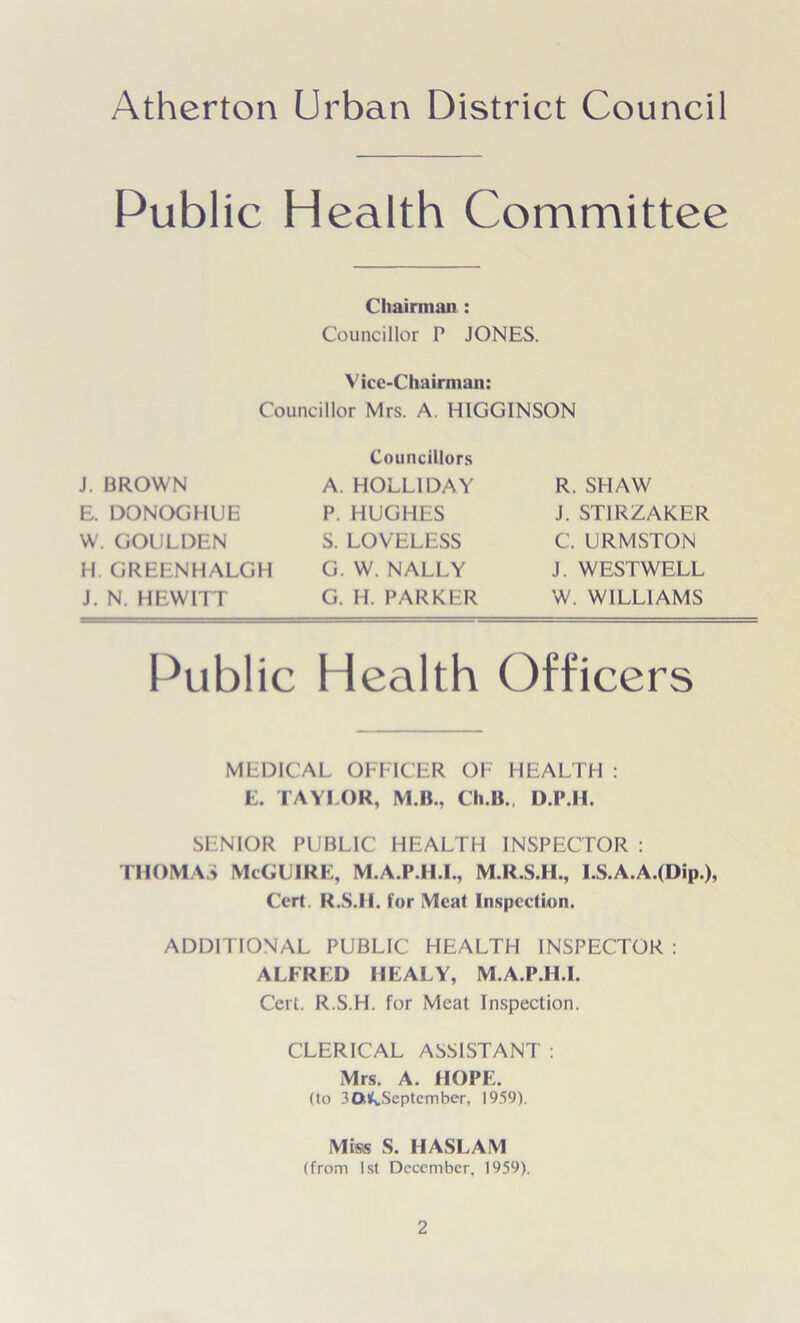 Public Health Committee Chairman : Councillor P JONES. Vice-Chairman: Councillor Mrs. A. H1GGINSON J. BROWN E. DONOGHUE W. GOULDEN H. GREENHALGH J. N. HEWITT Councillors A. HOLLIDAY P. HUGHES S. LOVELESS G. W. NALLY G. H. PARKER R. SHAW J. ST1RZAKER C. URMSTON J. WEST WELL W. WILLIAMS Public Health Officers MEDICAL OFFICER OF HEALTH : E. TAYLOR, IM.IL, Ch.B., D.P.H. SENIOR PUBLIC HEALTH INSPECTOR : THOMAS McGUIRE, M.A.P.H.I., M.R.S.H., I.S.A.A.(Dip.), Cert. R.S.II. for Meat Inspection. ADDITIONAL PUBLIC HEALTH INSPECTOR : ALFRED HEALY, M.A.P.H.I. Cert. R.S.H. for Meat Inspection. CLERICAL ASSISTANT : Mrs. A. HOPE. (to 30stf>.Septcmber, 1959). Miss S. HASLAM (from 1st December, 1959).