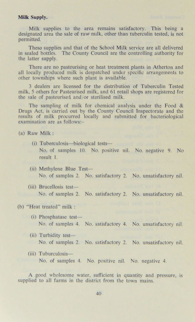 Milk Supply. Milk supplies to the area remains satisfactory. This being a designated area the sale of raw milk, other than tuberculin tested, is not permitted. These supplies and that of the School Milk service are all delivered in sealed bottles. The County Council are the controlling authority for the latter supply. There are no pasteurising or heat treatment plants in Atherton and all locally produced milk is despatched under specific arrangements to other townships where such plant is available. 3 dealers are licensed for the distribution of Tuberculin Tested milk. 5 others for Pasteurised milk, and 61 retail shops are registered for the sale of pasteurised, and/or sterilised milk. The sampling of milk for chemical analysis under the Food & Drugs Act. is carried out by the County Council Inspectorate and the results of milk procurred locally and submitted for bacteriological examination are as follows:- (a) Raw Milk : (i) Tuberculosis—biological tests— No. of samples 10. No. positive nil. No. negative 9. No result 1. (ii) Methylene Blue Test— No. of samples 2. No. satisfactory 2. No. unsatisfactory nil. (iii) Brucellosis test— No. of samples 2. No. satisfactory 2. No. unsatisfactory nil. (b) “Heat treated” milk : (i) Phosphatase test— No. of samples 4. No. satisfactory 4. No. unsatisfactory nil. (ii) Turbidity test— No. of samples 2. No. satisfactory 2. No. unsatisfactory nil. (iii) Tuburculosis— No. of samples 4. No. positive nil. No. negative 4. A good wholesome water, sufficient in quantity and pressure, is supplied to all farms in the district from the town mains.