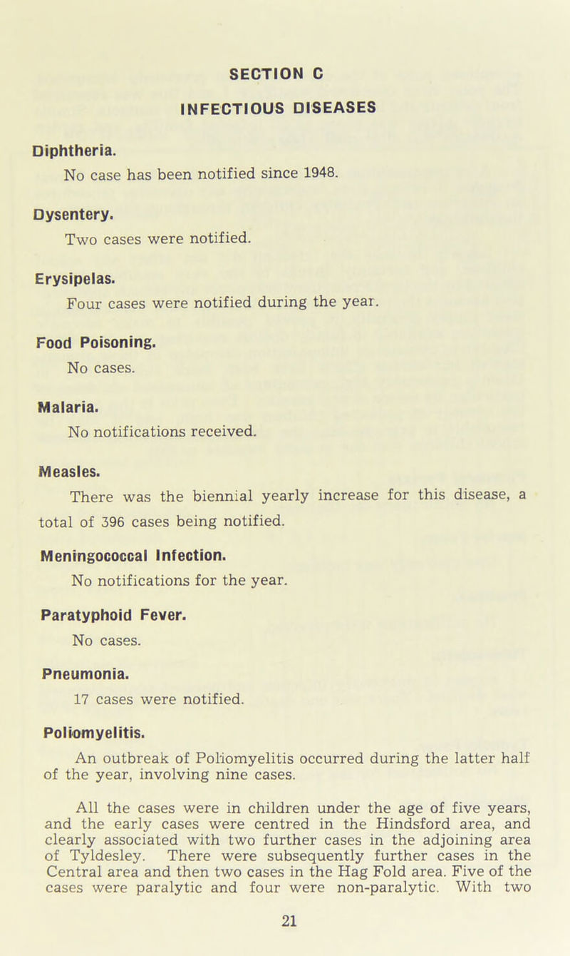 INFECTIOUS DISEASES Diphtheria. No case has been notified since 1948. Dysentery. Two cases were notified. Erysipelas. Four cases were notified during the year. Food Poisoning. No cases. Malaria. No notifications received. Measles. There was the biennial yearly increase for this disease, a total of 396 cases being notified. Meningococcal Infection. No notifications for the year. Paratyphoid Fever. No cases. Pneumonia. 17 cases were notified. Poliomyelitis. An outbreak of Poliomyelitis occurred during the latter half of the year, involving nine cases. All the cases were in children under the age of five years, and the early cases were centred in the Hindsford area, and clearly associated with two further cases in the adjoining area of Tyldesley. There were subsequently further cases in the Central area and then two cases in the Hag Fold area. Five of the cases were paralytic and four were non-paralytic. With two