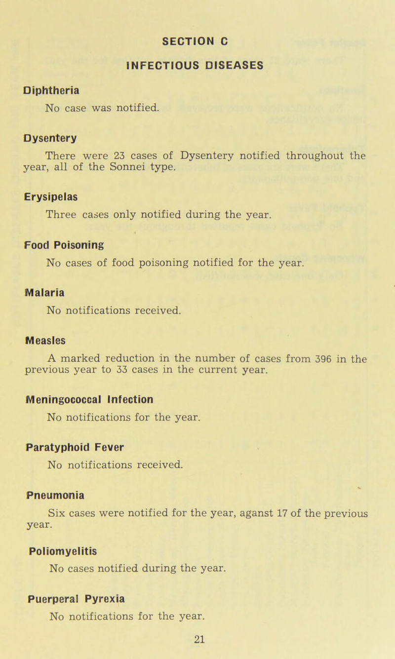 INFECTIOUS DISEASES Diphtheria No case was notified. Dysentery There were 23 cases of Dysentery notified throughout the year, all of the Sonnei type. Erysipelas Three cases only notified during the year. Food Poisoning No cases of food poisoning notified for the year. Malaria No notifications received. Measles A marked reduction in the number of cases from 396 in the previous year to 33 cases in the current year. Meningococcal Infection No notifications for the year. Paratyphoid Fever No notifications received. Pneumonia Six cases were notified for the year, aganst 17 of the previous year. Poliomyelitis No cases notified during the year. Puerperal Pyrexia No notifications for the year.
