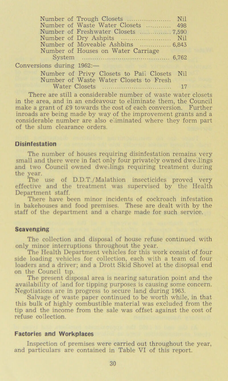 Number of Trough Closets Nil Number of Waste Water Closets 498 Number of Freshwater Closets 7,590 Number of Dry Ashpits Nil Number of Moveable Ashbins 6,843 Number of Houses on Water Carriage System 6,762 Conversions during 1962:— Number of Privy Closets to Pail Closets Nil Number of Waste Water Closets to Fresh Water Closets 17 There are still a considerable number of waste water closets in the area, and in an endeavour to eliminate them, the Council make a grant of £9 towards the cost of each conversion. Further inroads are being made by way of the improvement grants and a considerable number are also eliminated where they form part of the slum clearance orders. Disinfestation The number of houses requiring disinfestation remains very small and there were in fact only four privately owned dwellings and two Council owned dwellings requiring treatment during the year. The use of D.D.T./Malathion insecticides proved very effective and the treatment was supervised by the Health Department staff. There have been minor incidents of cockroach infestation in bakehouses and food premises. These are dealt with by the staff of the department and a charge made for such service. Scavenging The collection and disposal of house refuse continued with only minor interruptions throughout the year. The Health Department vehicles for this work consist of four side loading vehicles for collection, each with a team of four loaders and a driver; and a Drott Skid Shovel at the disopsal end on the Council tip. The present disposal area is nearing saturation point and the availability of land for tipping purposes is causing some concern. Negotiations are in progress to secure land during 1963. Salvage of waste paper continued to be worth while, in that this bulk of highly combustible material was excluded from the tip and the income from the sale was offset against the cost of refuse collection. Factories and Workplaces Inspection of premises were carried out throughout the year, and particulars are contained in Table VI of this report.