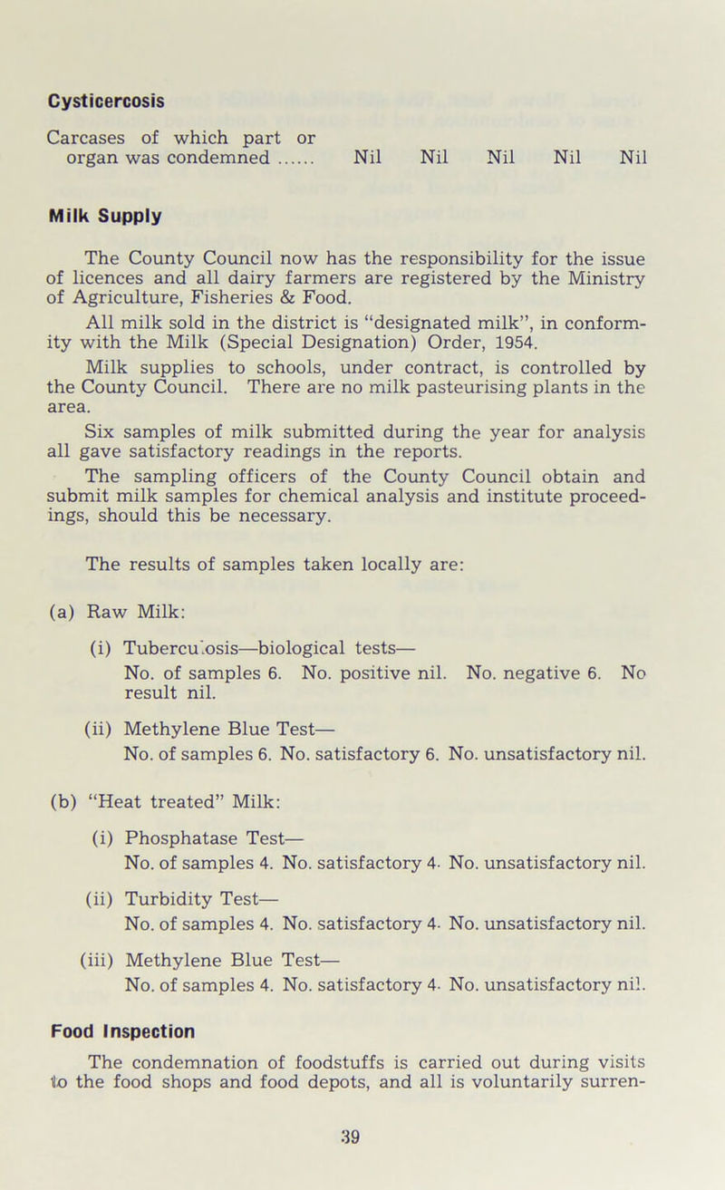 Cysticercosis Carcases of which part or organ was condemned Nil Nil Nil Nil Nil Milk Supply The County Council now has the responsibility for the issue of licences and all dairy farmers are registered by the Ministry of Agriculture, Fisheries & Food. All milk sold in the district is “designated milk”, in conform- ity with the Milk (Special Designation) Order, 1954. Milk supplies to schools, under contract, is controlled by the County Council. There are no milk pasteurising plants in the area. Six samples of milk submitted during the year for analysis all gave satisfactory readings in the reports. The sampling officers of the County Council obtain and submit milk samples for chemical analysis and institute proceed- ings, should this be necessary. The results of samples taken locally are: (a) Raw Milk: (i) Tuberculosis—biological tests— No. of samples 6. No. positive nil. No. negative 6. No result nil. (ii) Methylene Blue Test— No. of samples 6. No. satisfactory 6. No. unsatisfactory nil. (b) “Heat treated” Milk: (i) Phosphatase Test— No. of samples 4. No. satisfactory 4- No. unsatisfactory nil. (ii) Turbidity Test— No. of samples 4. No. satisfactory 4- No. unsatisfactory nil. (iii) Methylene Blue Test— No. of samples 4. No. satisfactory 4- No. unsatisfactory nil. Food Inspection The condemnation of foodstuffs is carried out during visits llo the food shops and food depots, and all is voluntarily surren-