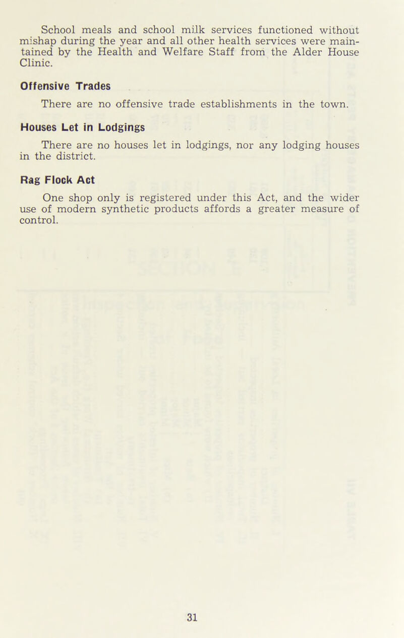 School meals and school milk services functioned without mishap during the year and all other health services were main- tained by the Health and Welfare Staff from the Alder House Clinic. Offensive Trades There are no offensive trade establishments in the town. Houses Let in Lodgings There are no houses let in lodgings, nor any lodging houses in the district. Rag Flock Act One shop only is registered under this Act, and the wider use of modern synthetic products affords a greater measure of control.